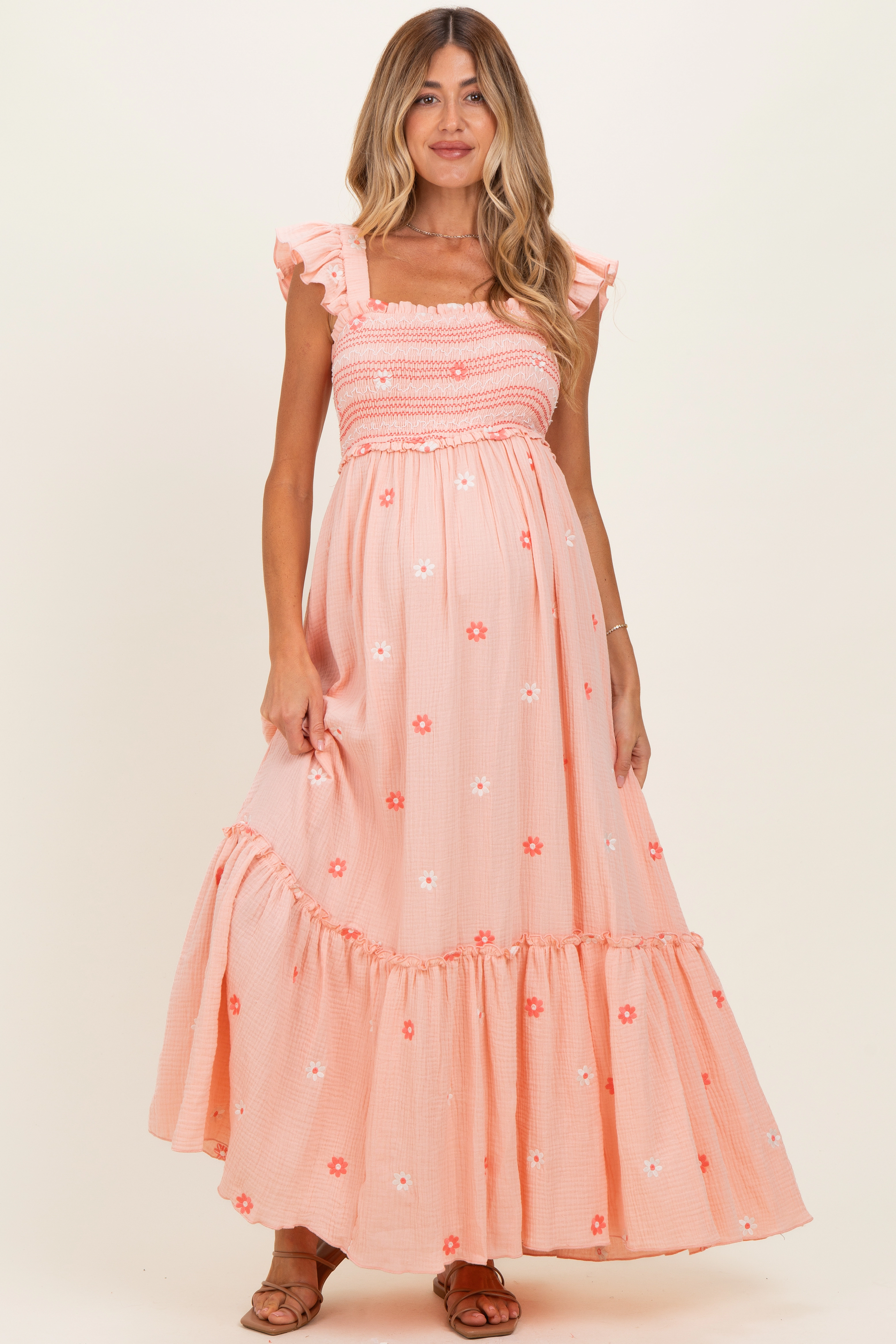 PinkBlush Womens Peach Floral Embroidered Smocked Maternity Maxi Dress