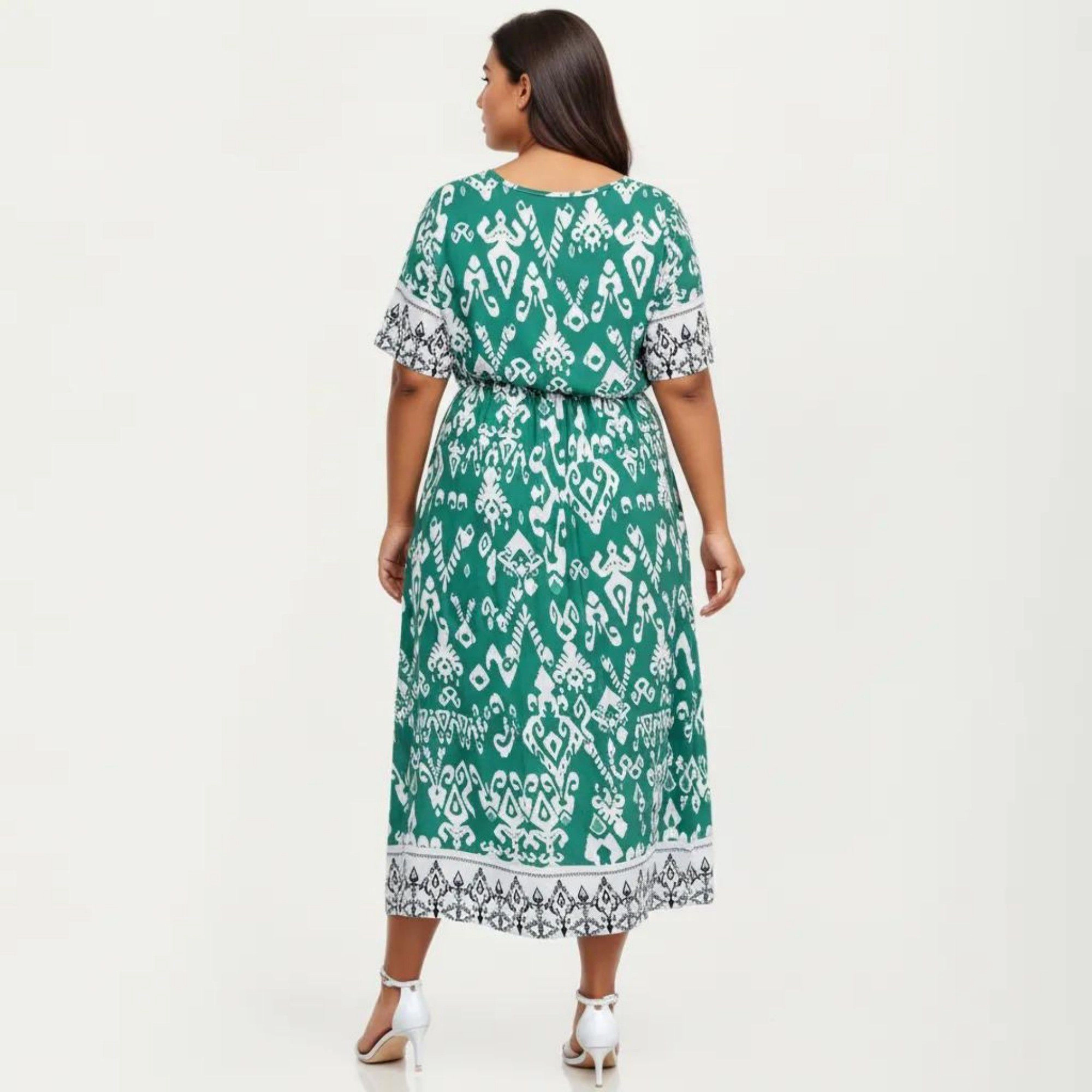 Anna-Kaci Women's Short Sleeve V Neck Waist Tie Belt All Over Print Border Detail Flowy Fit Midi Dress
