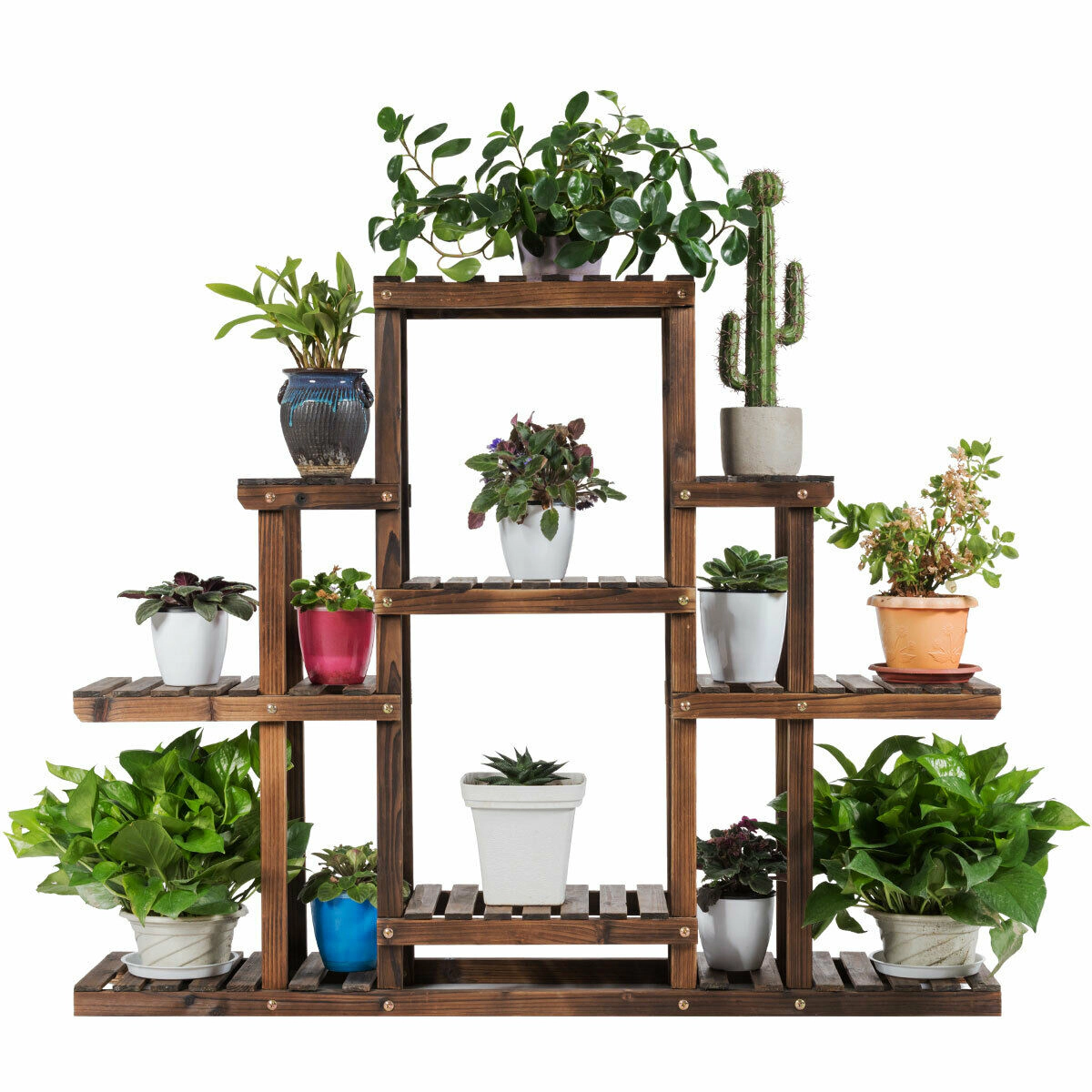 SUGIFT Brown 6-Tier 47-in Wood Plant Stand for 9 Pots Flower Display Rack and Ladder Storage Shelf