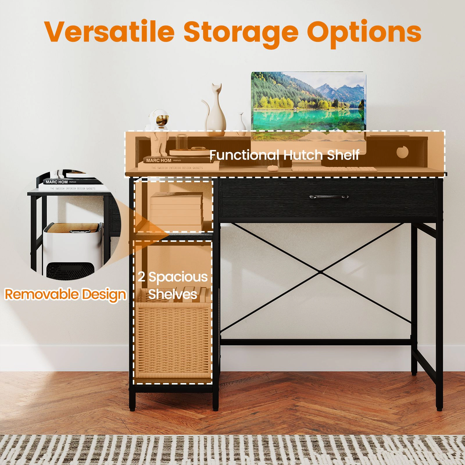 SlickBlue Rustic Computer Desk with Power Strip & Storage Hutch