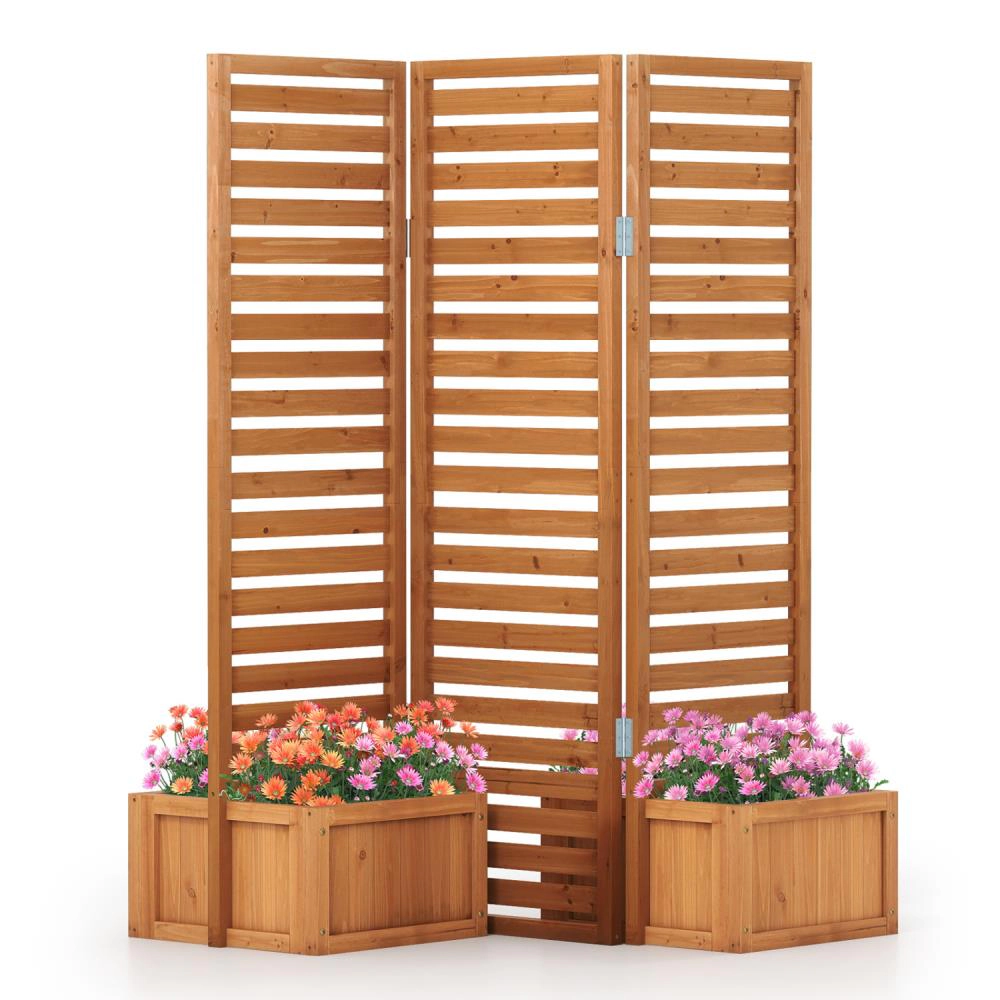 Hivvago 3-Panel Solid Wood Frame Freestanding Garden Fence with 2 Self-Draining Planter Boxes