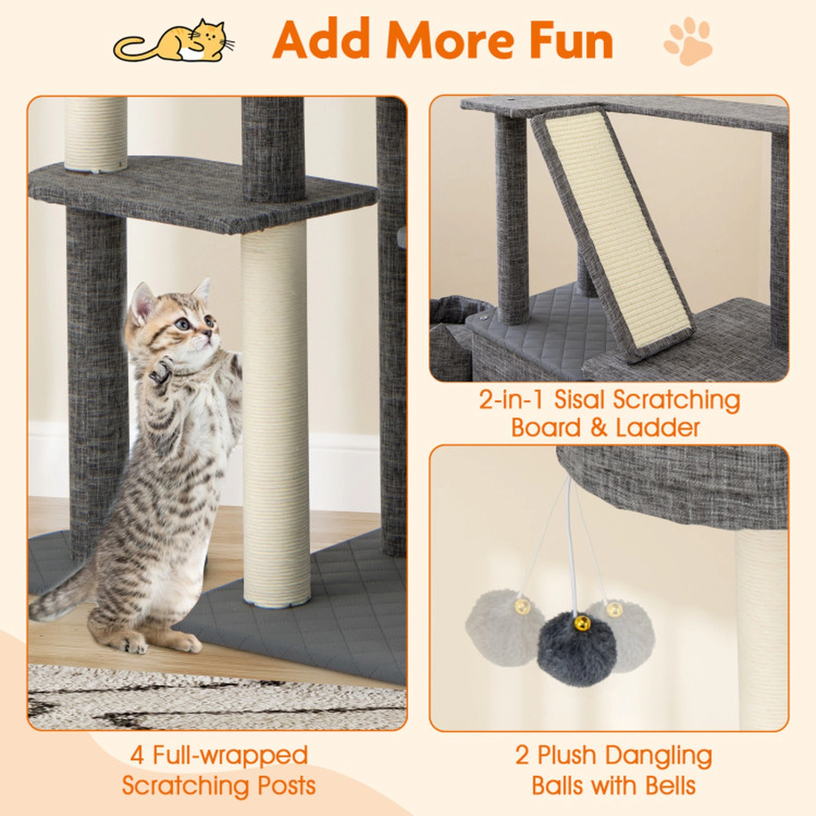 SUGIFT Gray 71 in Tall Multi-Level Cat Tower with 2 Condos and Side Cat Bed