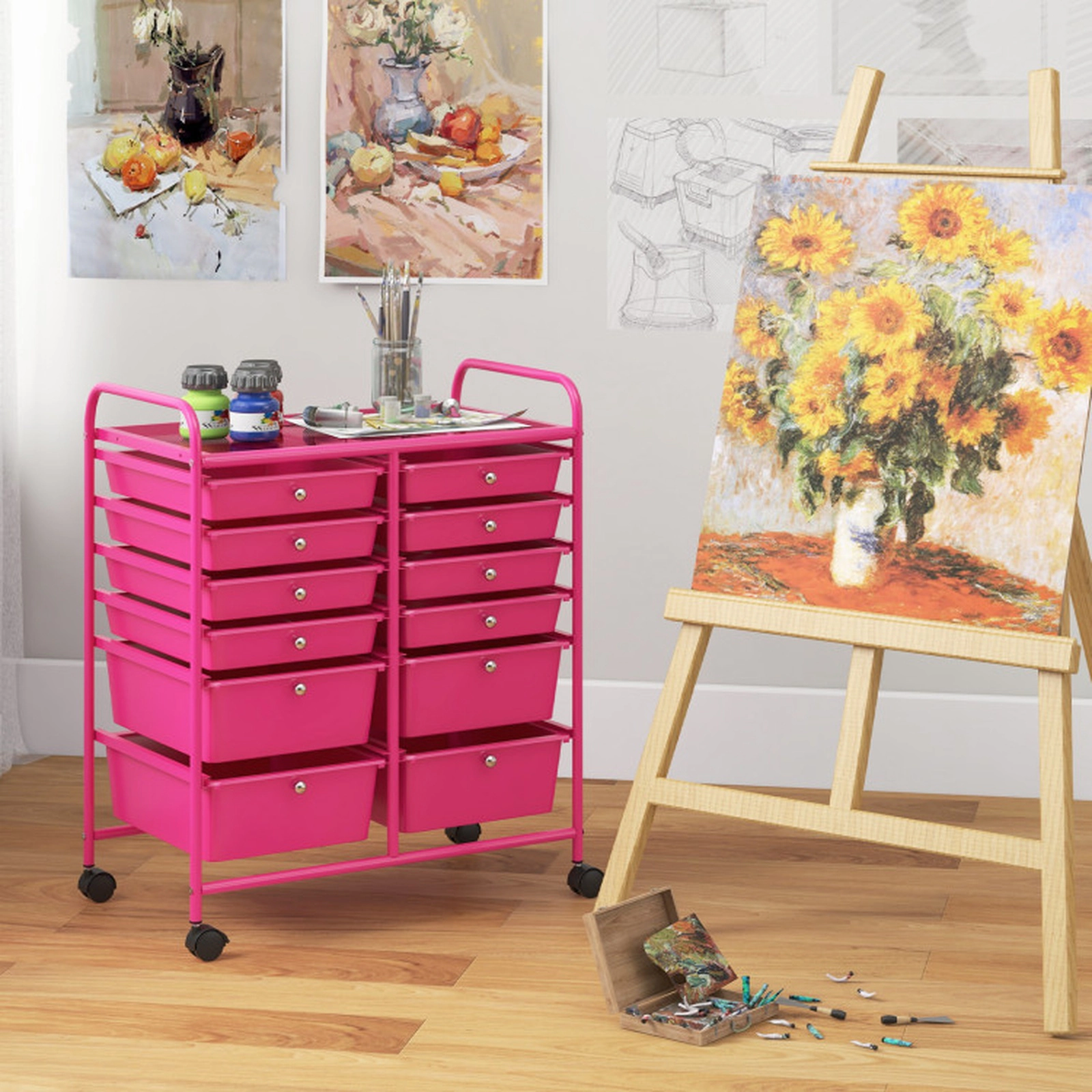 SUGIFT 12-Drawer Rolling Storage Cart Removable Drawers Metal Top 4 Casters 2 Brakes Salon Office Craft Storage Rose Red