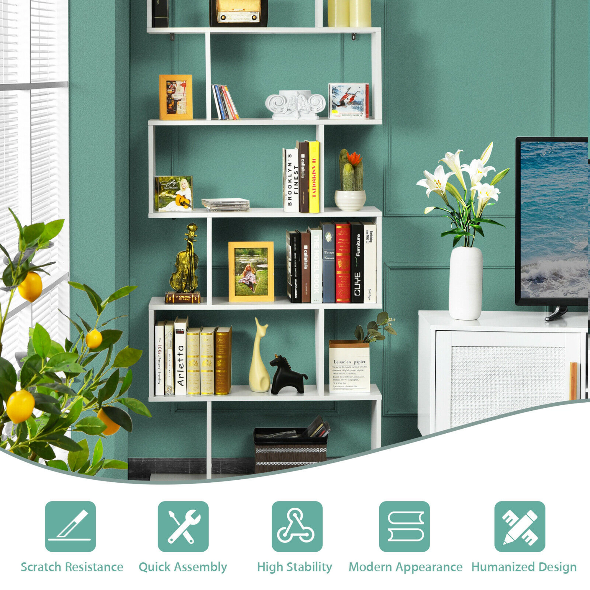 Costway 2 PCS 6 Tier S-Shaped Bookshelf Storage Display Bookcase Z-Shelf White