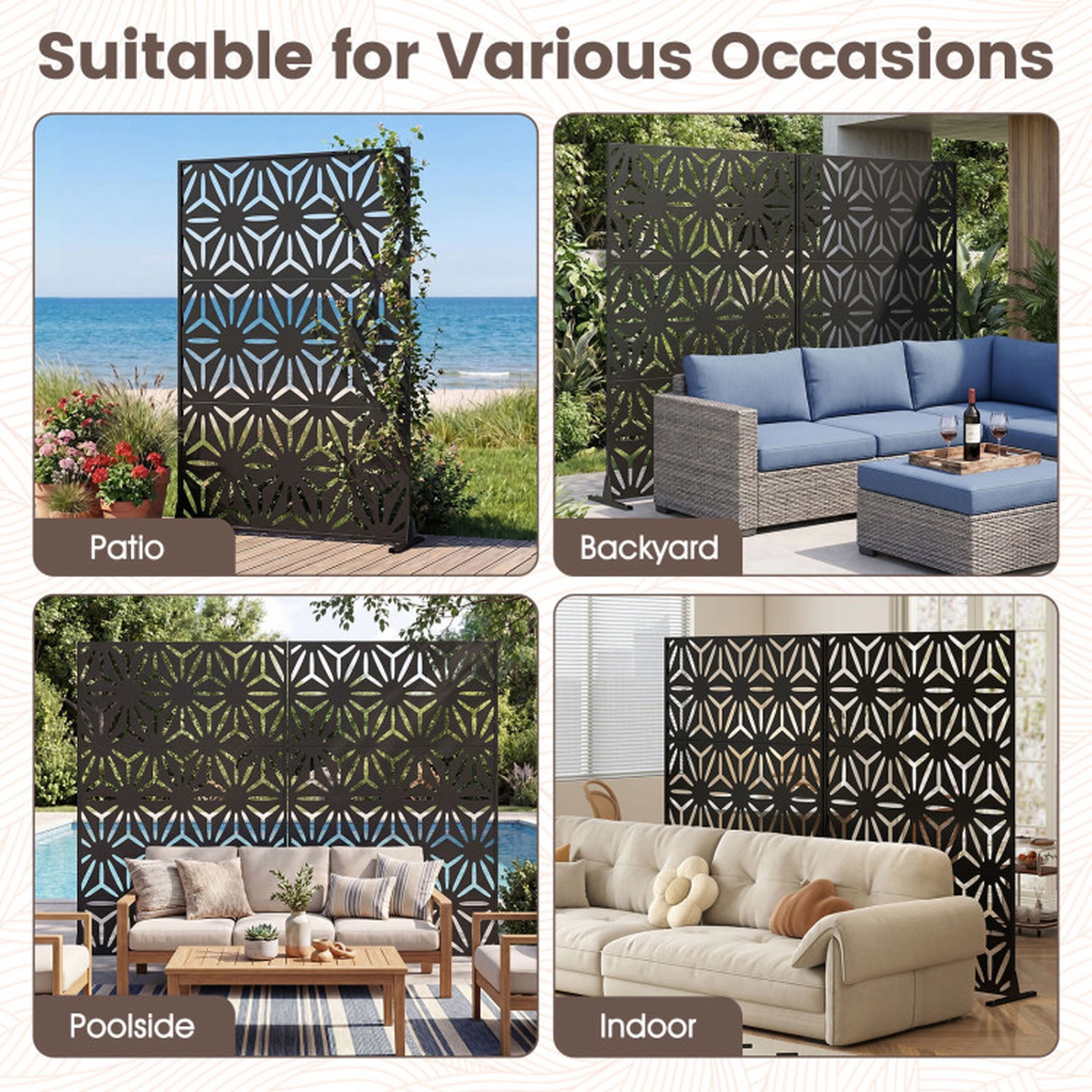 SUGIFT Black Freestanding Privacy Screen Panel with Support Legs and 4 Expansion Bolts 48-in W 16-in D 72-in H