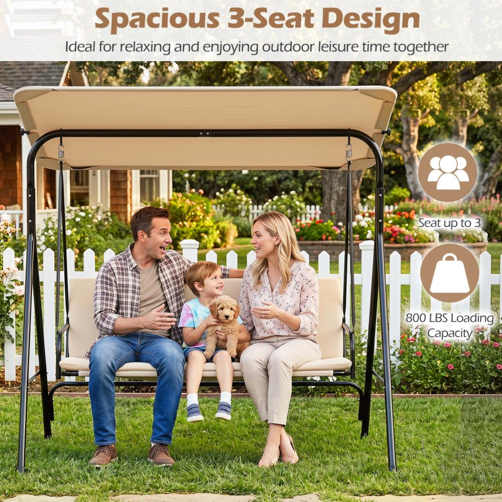 Hivvago 3-Seat Patio Swing Chair With Adjustable Canopy & Removable Cushion