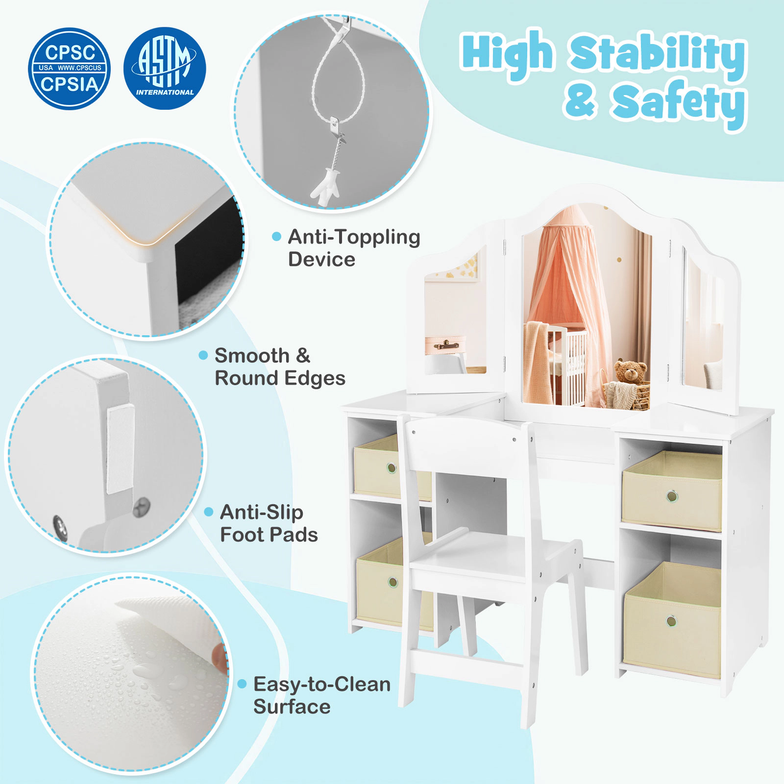 SUGIFT White 3 Removable Mirrors and 4 Storage Bins Kids Vanity Table and Chair Set