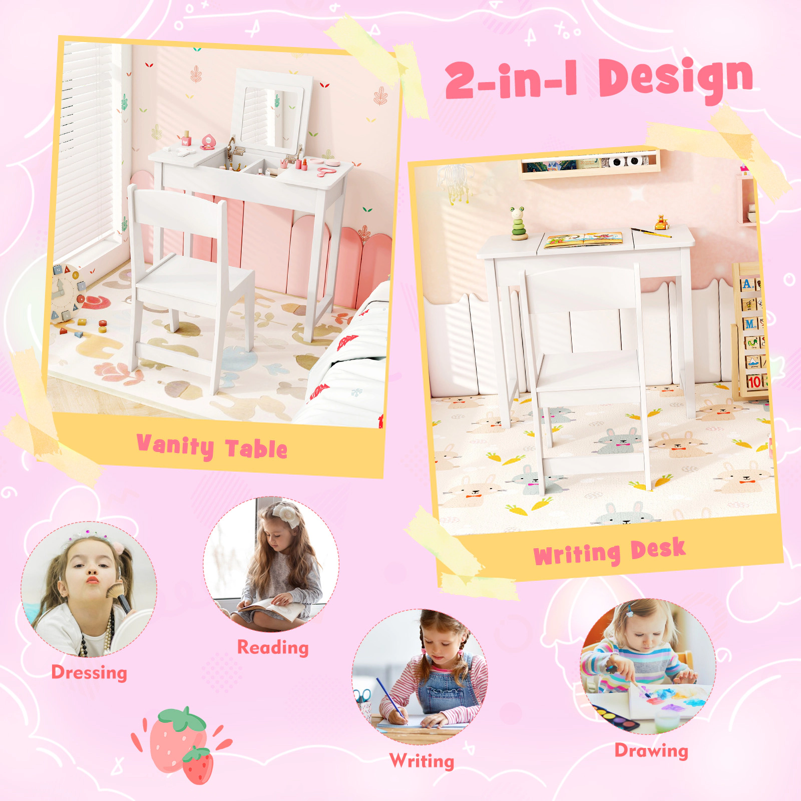 SUGIFT Kids Flip-Top Vanity Table and Stool Set with Flip-Top Mirror in White
