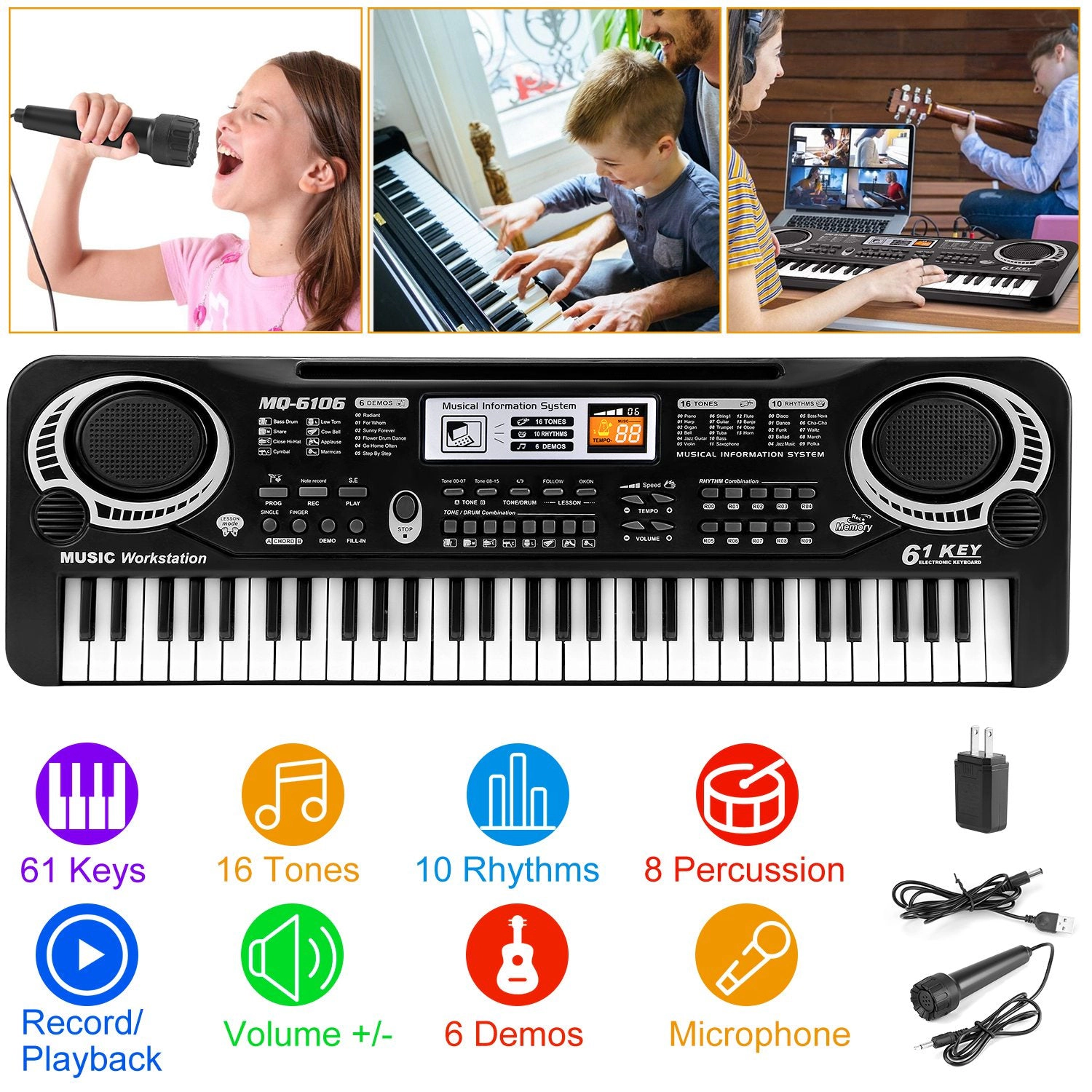 GBruno 61-Key Electronic Keyboard With Microphone