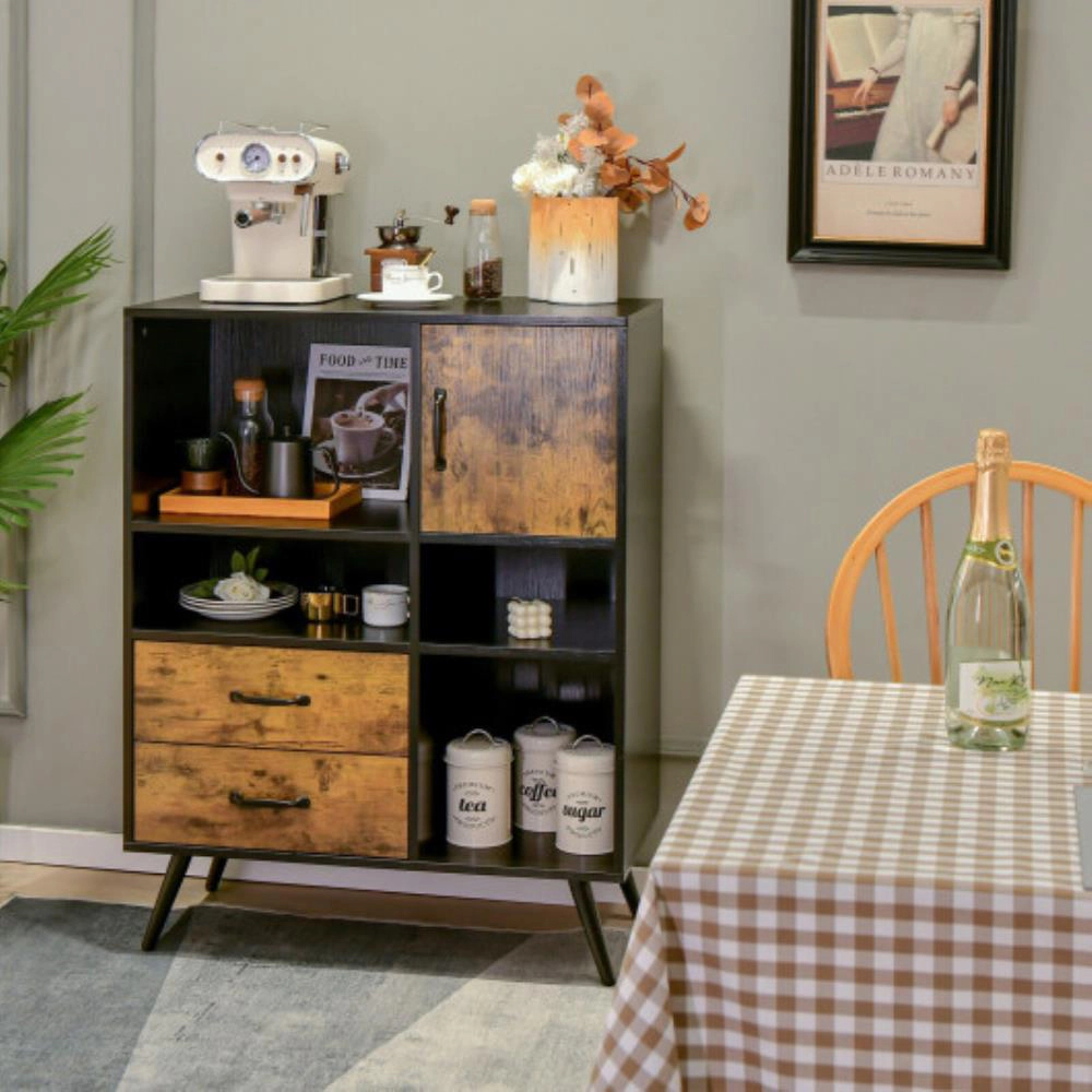 Hivvago Industrial Buffet Sideboard Kitchen Cupboard With Cubbies Drawers-Rustic Brown