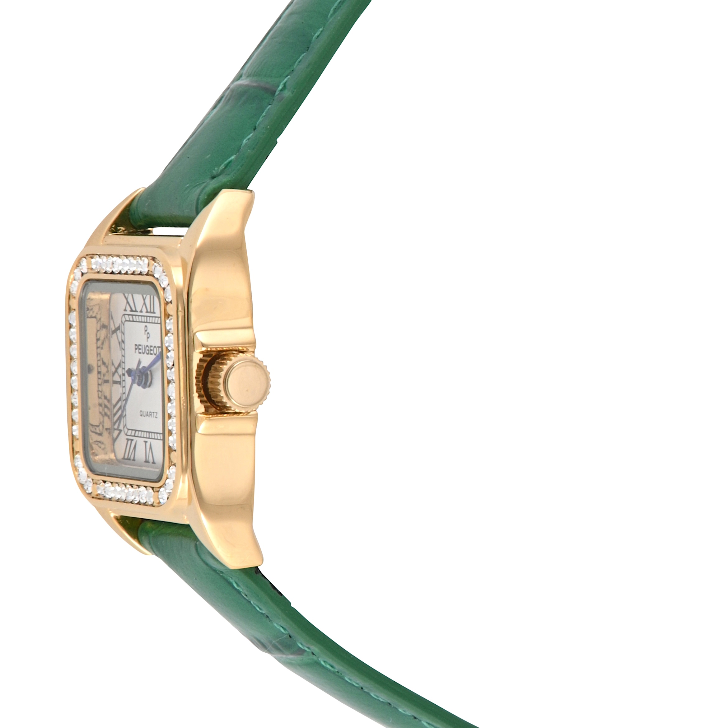 Peugeot Women's 34x24mm Tank Watch with Crystal Bezel Green Leather Strap