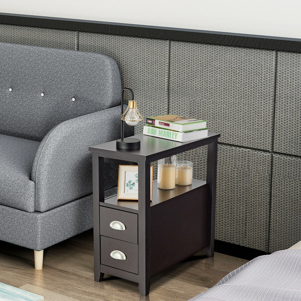 SUGIFT Compact Rectangular Wooden Nightstand with 2 Drawers and Shelf 33-lb Tabletop Capacity Dark Brown