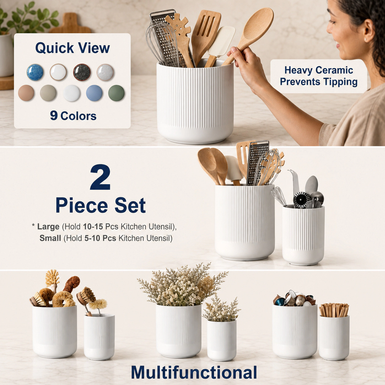 WZK Set of 2 Fluted Ceramic Kitchen Utensil Holder