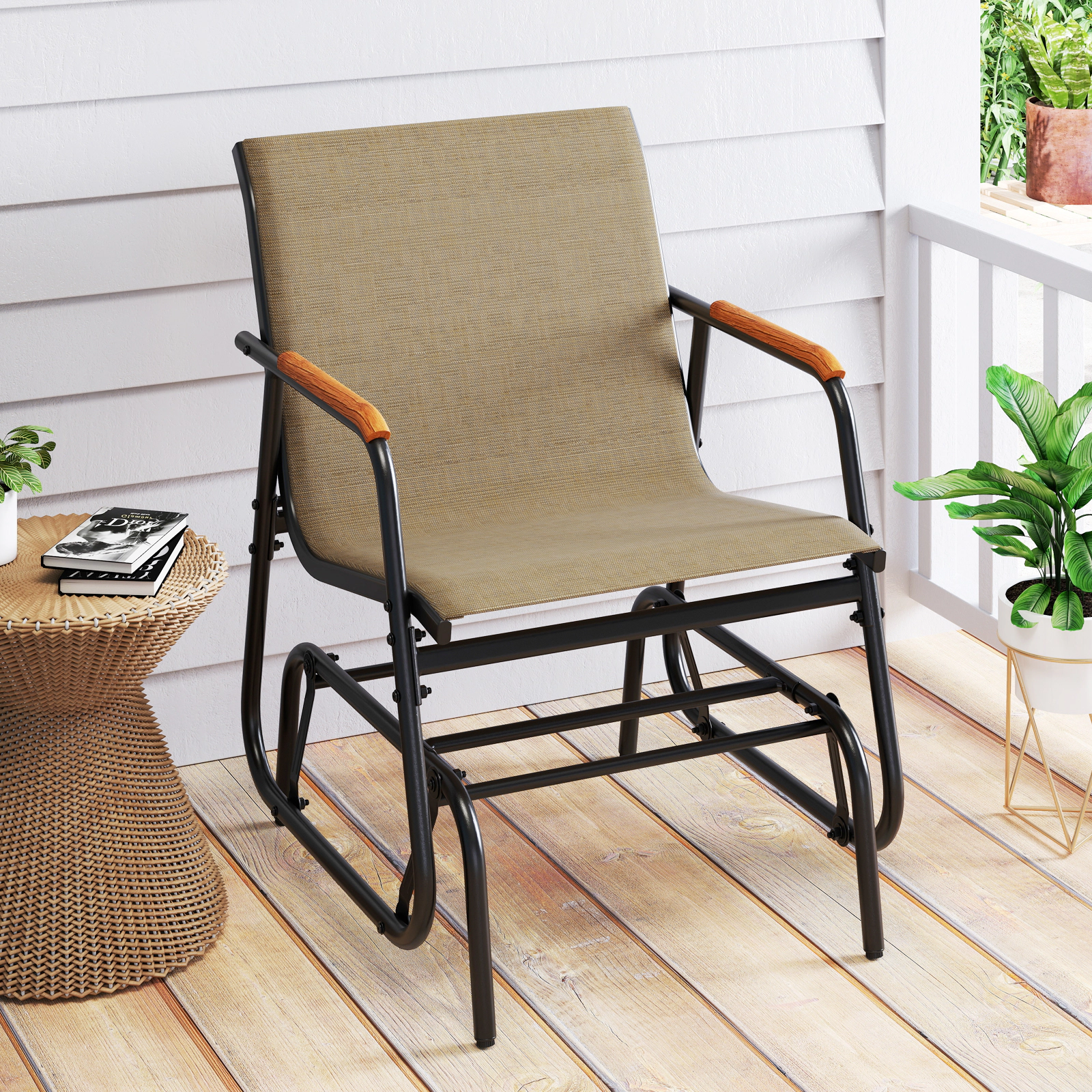 LJG Patio Glider Chair Set of 2 with Curved Teak Armrests and Breathable Fabric Seat