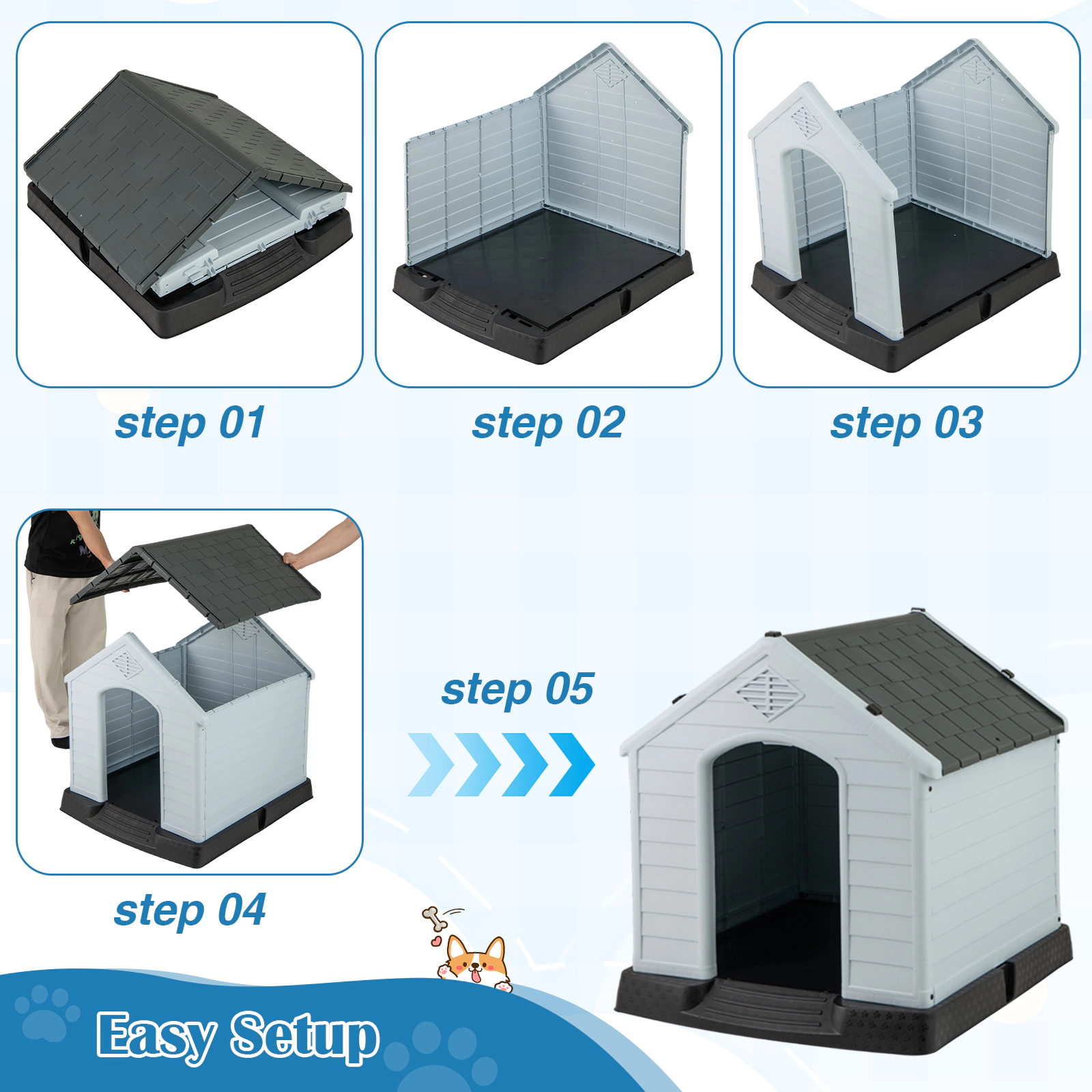 SUGIFT Waterproof Plastic Dog House with Elevated Floor for Small Dogs 28-in Tall Gray+White