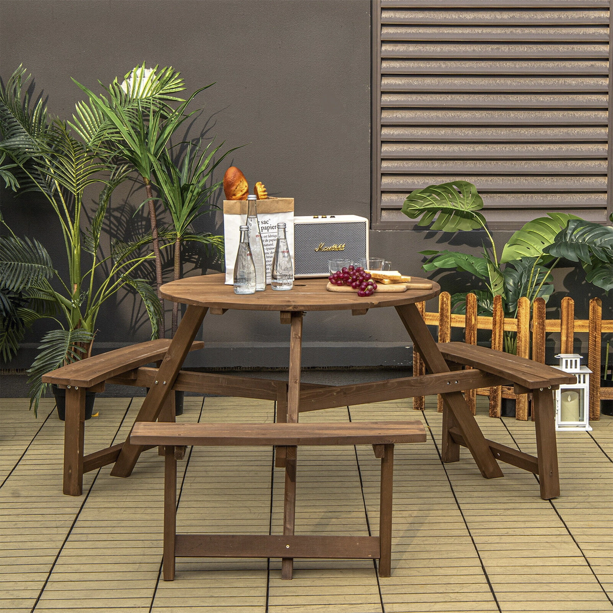 SUGIFT 6-Person Round Wooden Picnic Table with 3 Built-in Benches & Umbrella Hole 220-lb Tabletop Capacity 500-lb Bench