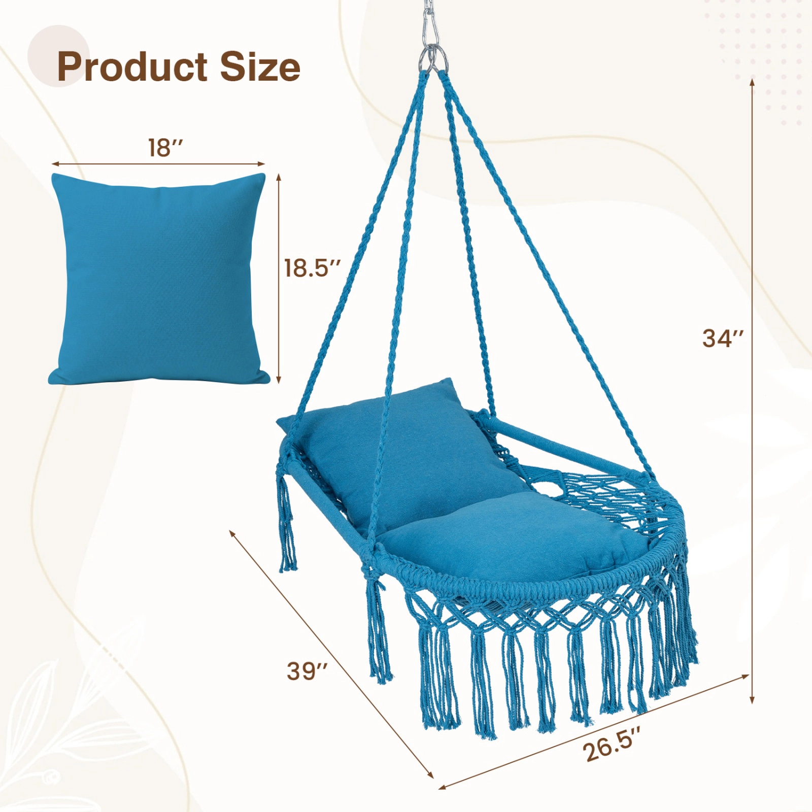 SUGIFT Macrame Swing Hammock Chair Metal Frame 330-lb Capacity 2 Removable Cushions 39-in Wide Beige Black Gray Blue