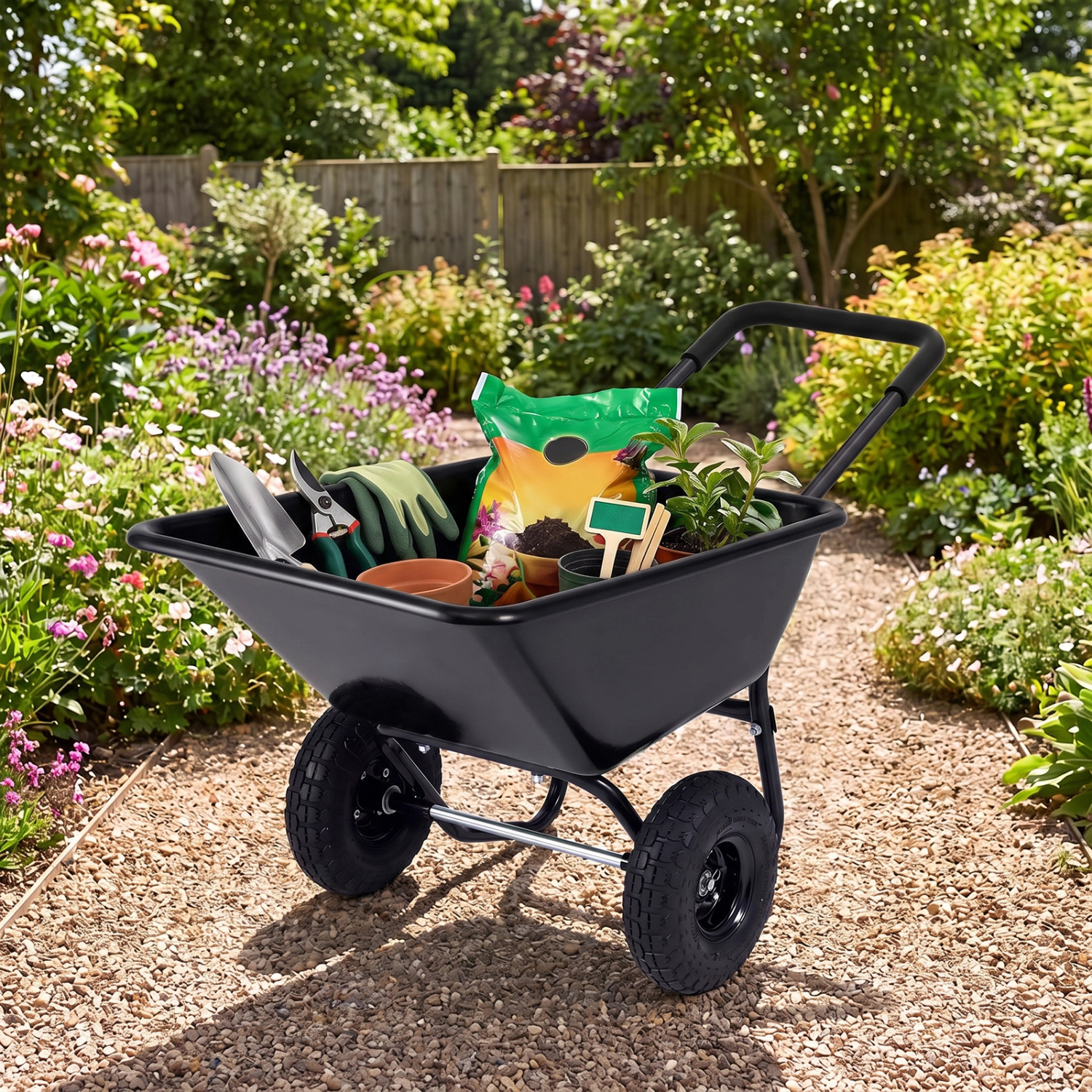 LJG Dual-Wheel Wheelbarrow Garden Utility Cart with Pneumatic Tires