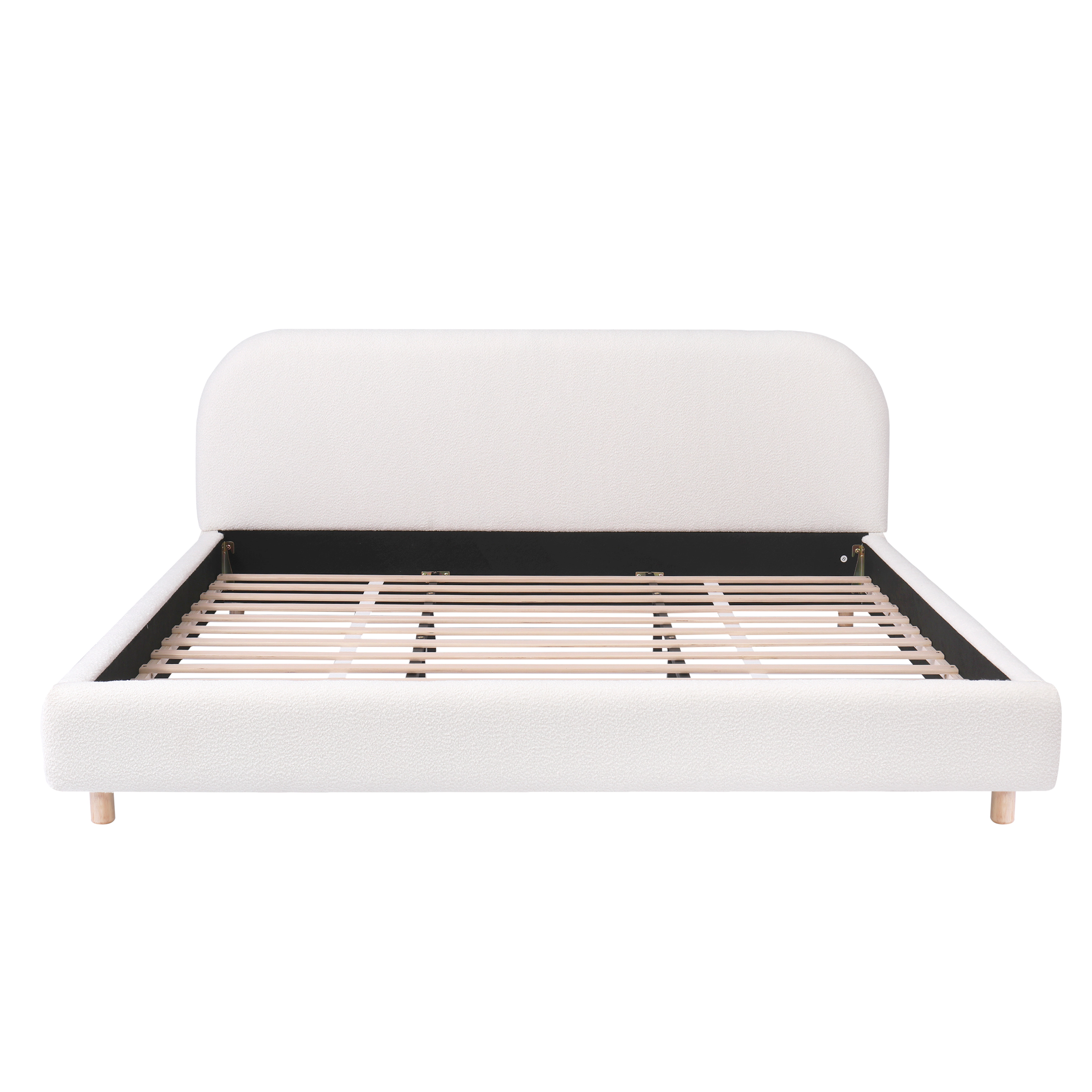 Flynama King Boucle Upholstered Platform Bed, Curved Headboard, White, Easy Assembly