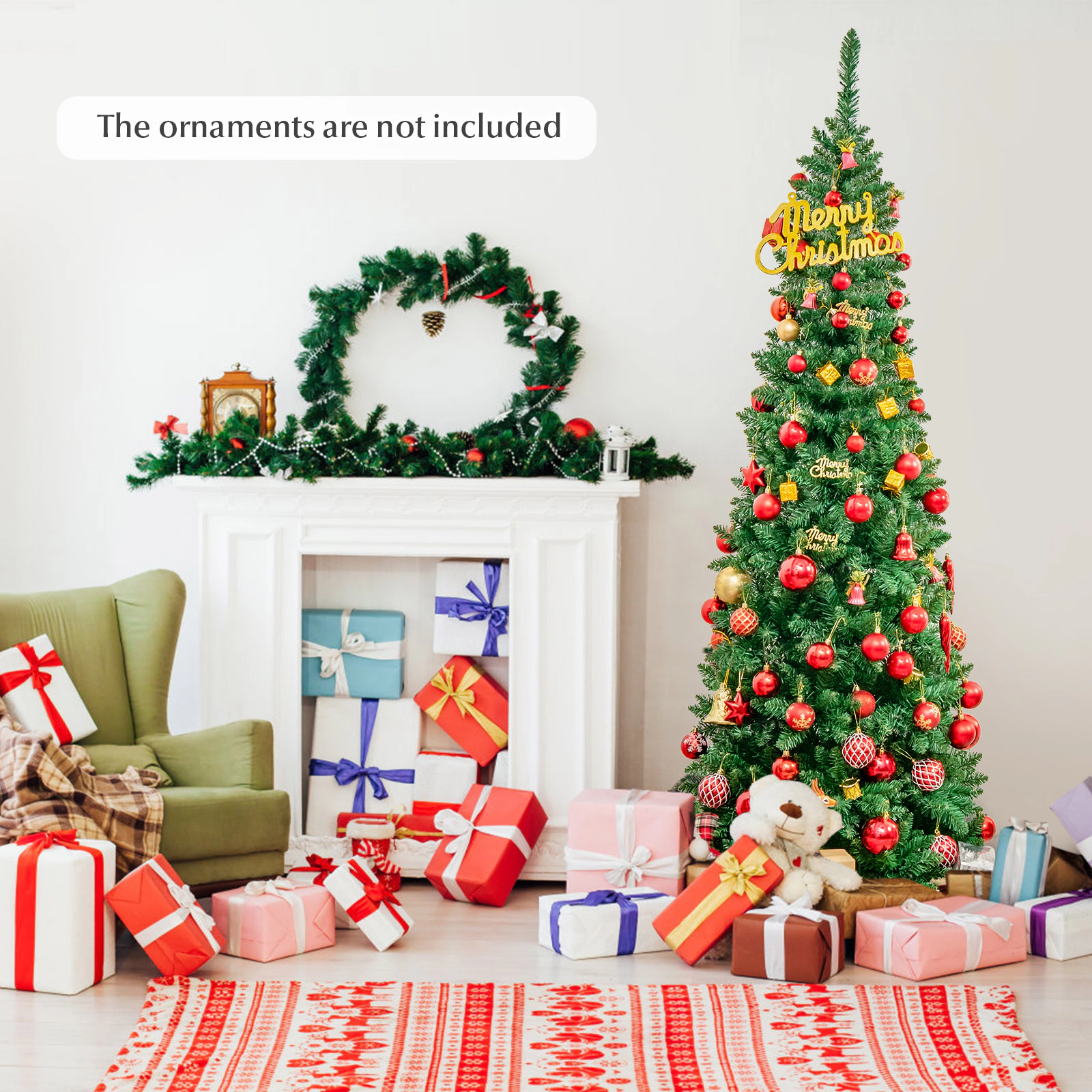 Costway 4.5/6.5/7.5ft Pre-Lit Hinged Pencil Christmas Tree 250 Multicolor Lights