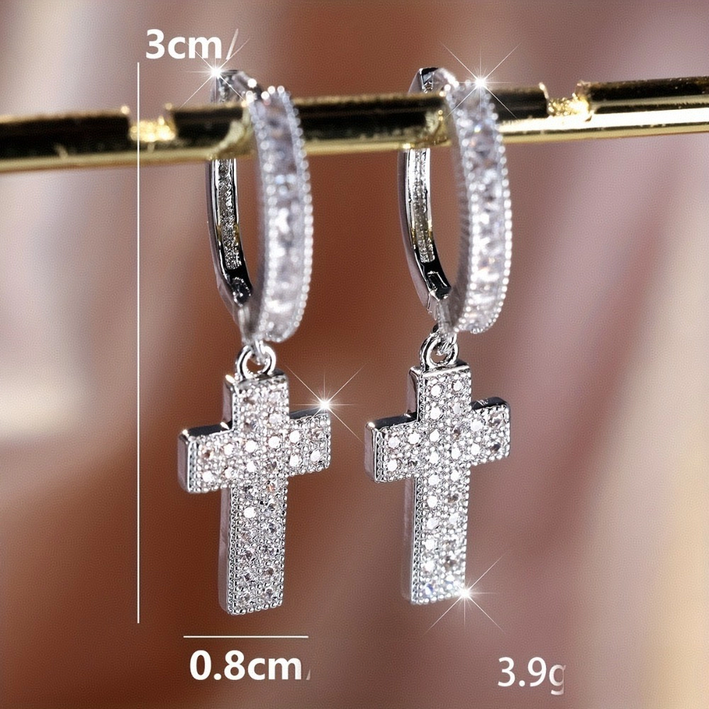 Women Gothic Paved Cubic Zirconia Cross Dangle Huggie Hoop Earring