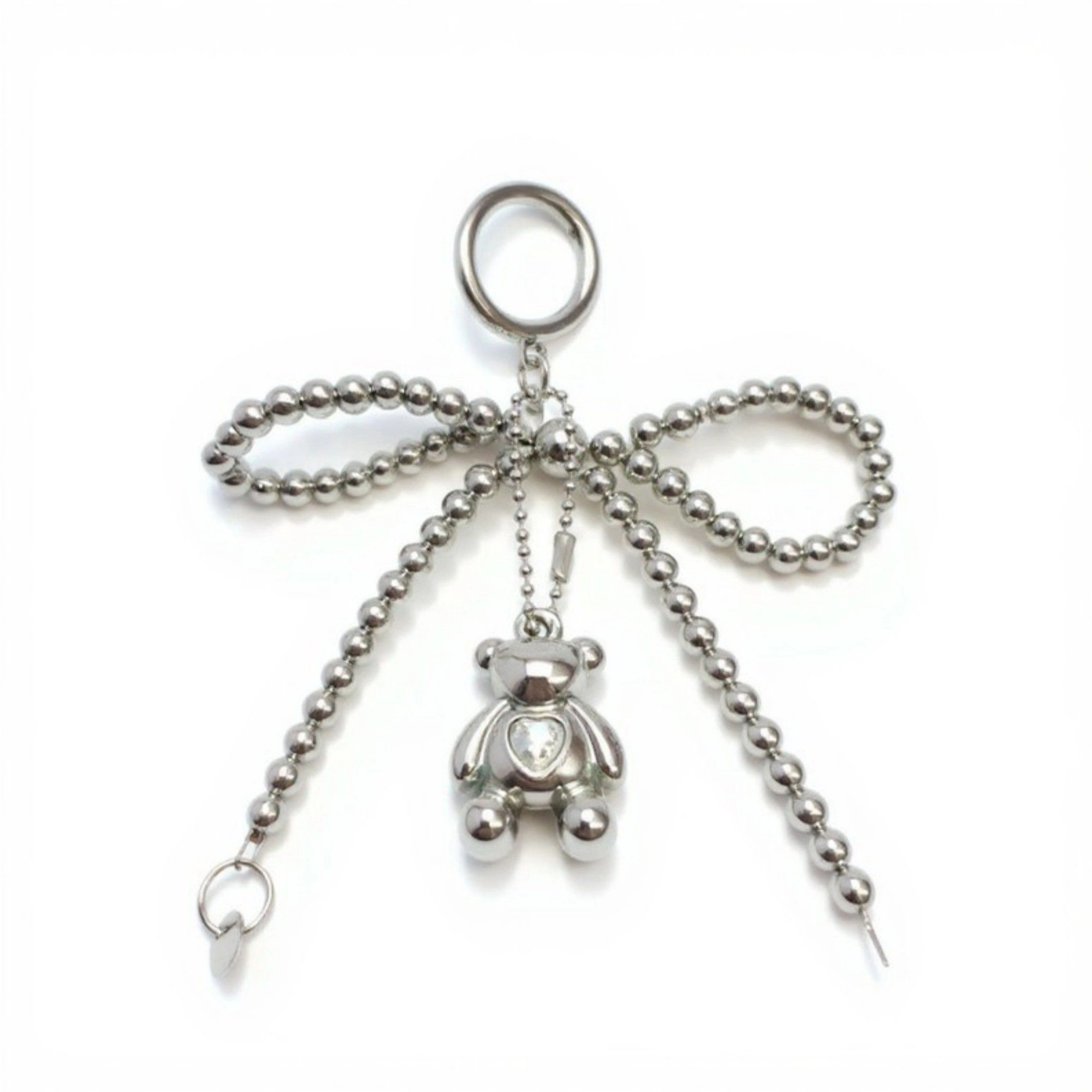 Alilang Women's Metallic Beaded Bow Keychain with Crystal Bear Charm and Ring Accent