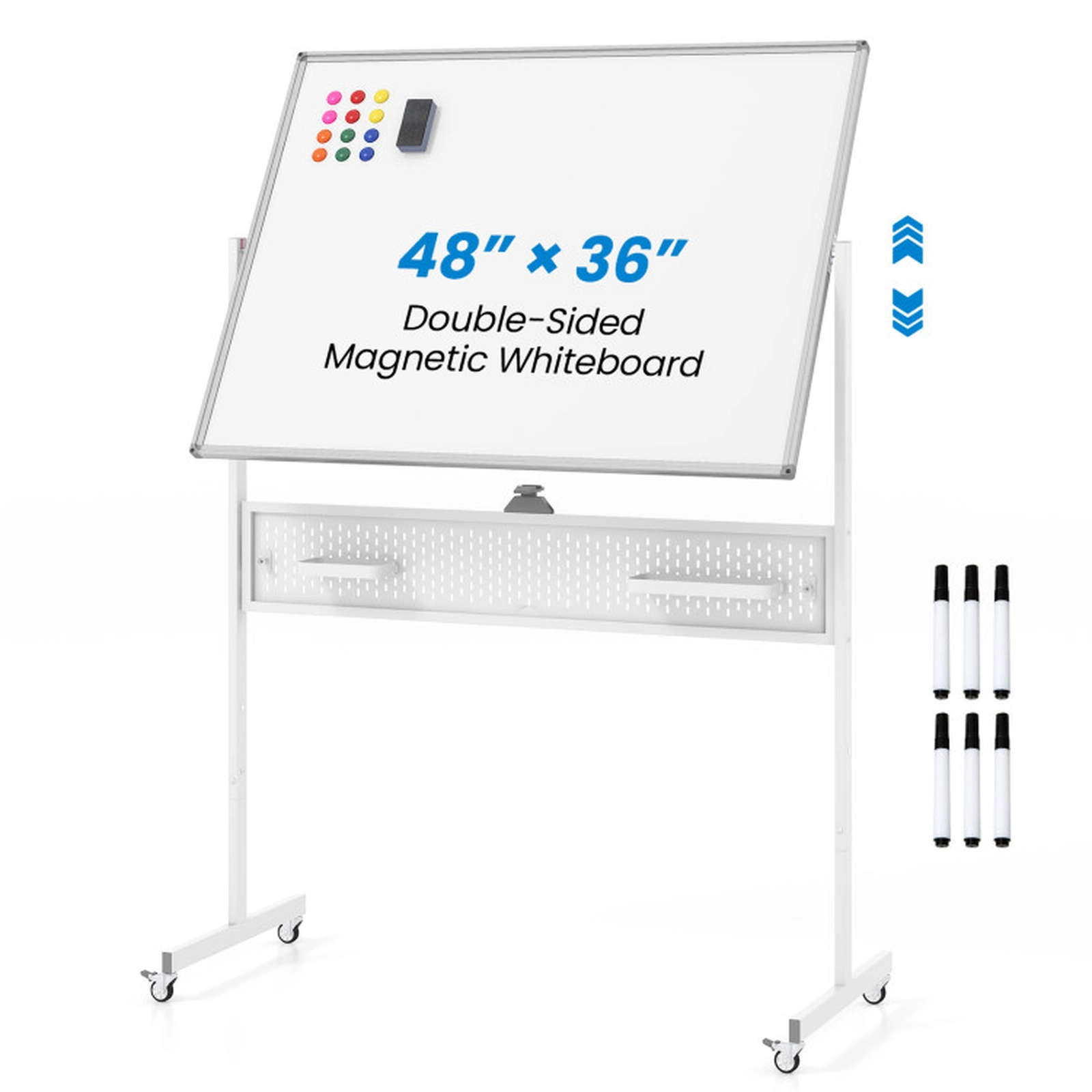 SUGIFT 48-in x 36-in Double-Sided Mobile Magnetic Whiteboard with Pegboard and Adjustable Height