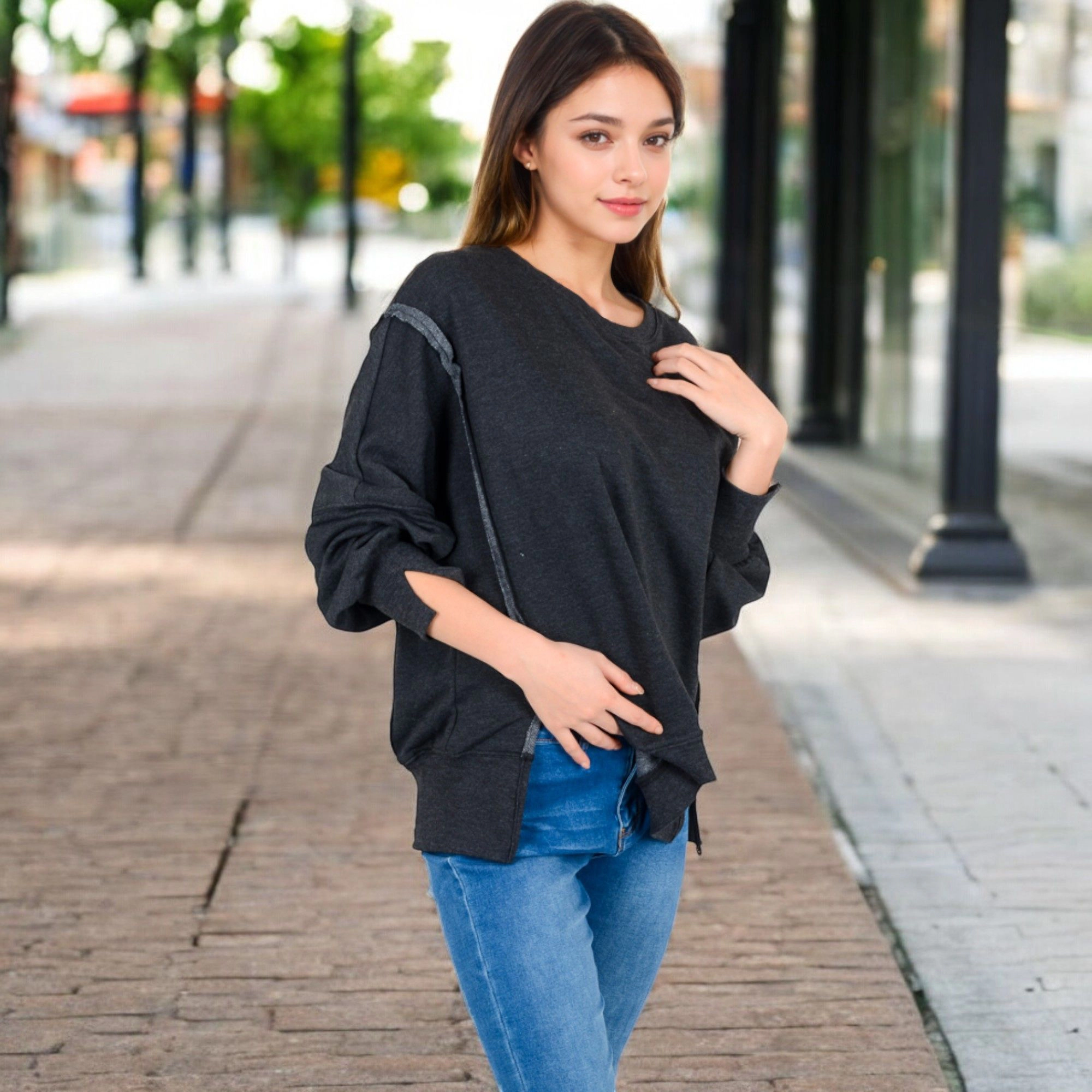 Anna-Kaci Women's Oversized Long Sleeve Pullover Sweatshirt with Drop Shoulders Design and Side Slits