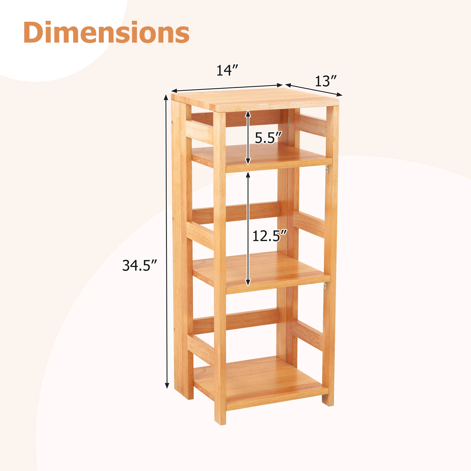 SUGIFT 4-Tier Natural 14-in Wide Solid Rubber Wood Bookshelf with Side Guardrails and 2 Anti-Toppling Kits