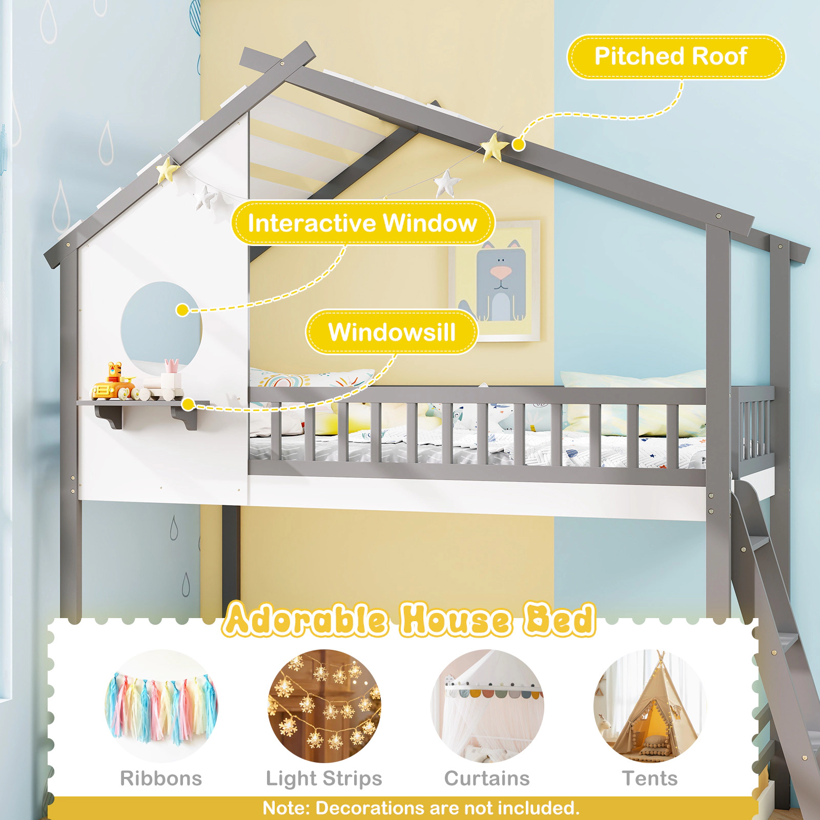 SUGIFT Gray and White Roof Window and Guardrails Twin Over Twin Kids House Bunk Bed