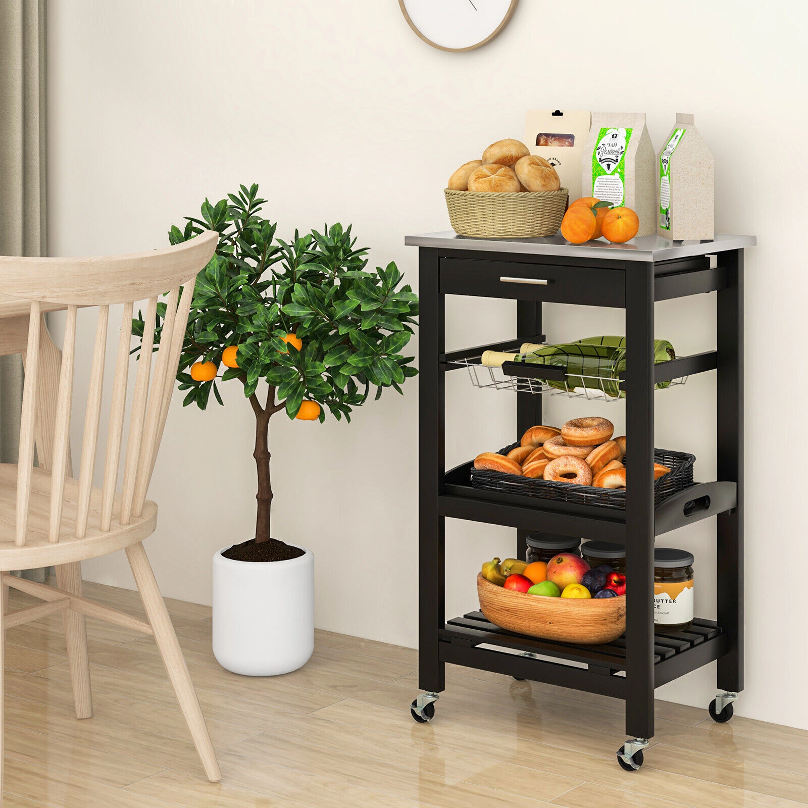 SUGIFT Kitchen Island Cart Black with Stainless Steel Top Wire Basket and Removable Tray