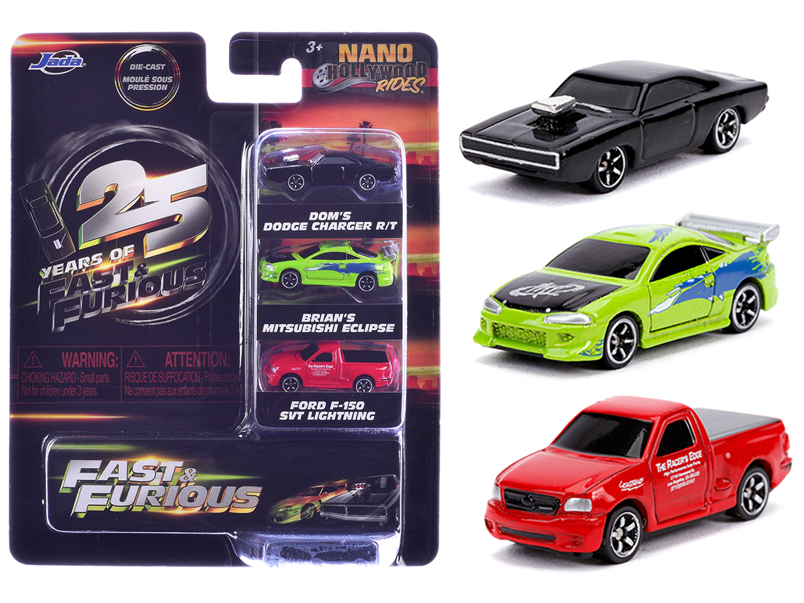 Jada "Fast & Furious 25th Anniversary" 3 piece Set #1 "Nano Hollywood Rides" Diecast Model Cars by Jada