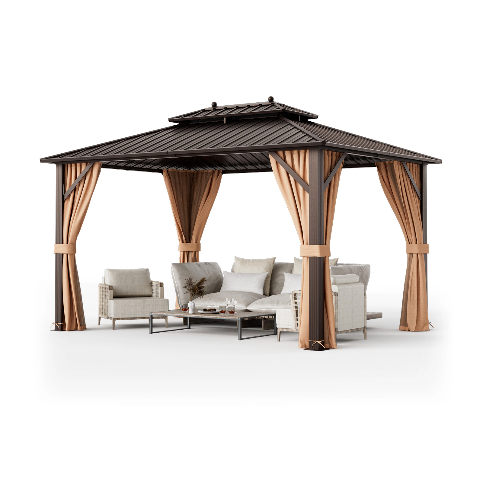 SUGIFT Coffee Galvanized Steel Roof Netting and Curtains 13 x 10 ft Double-Roof Hardtop Gazebo