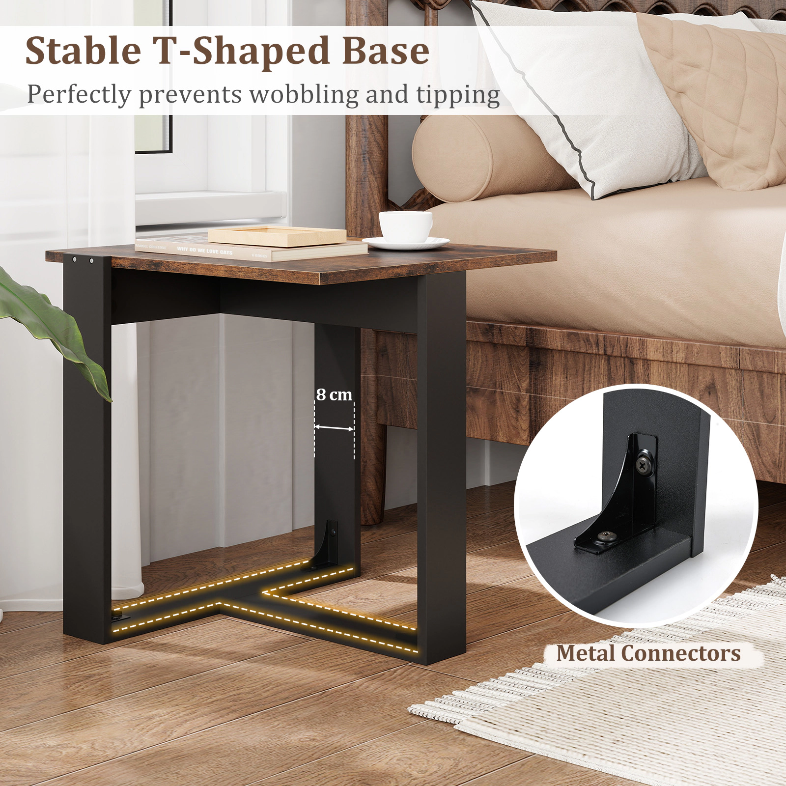 SUGIFT Tabletop Industrial Sofa End Table with T-Shaped Metal Frame 110-lb Capacity 20-in Square Rustic Brown & Black
