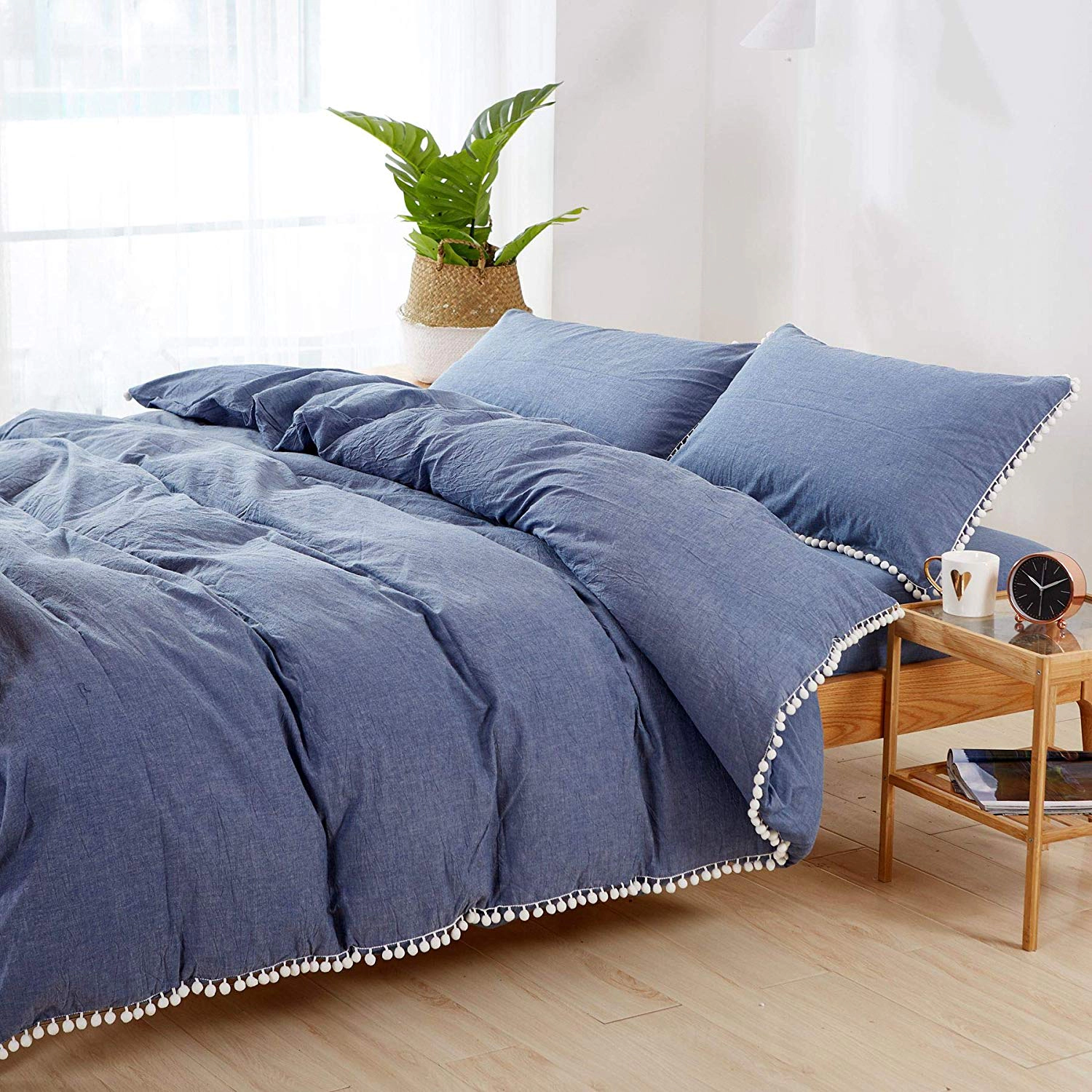 MarCielo 3 Pieces 100% Cotton Duvet Cover Set, Pompom Soft Breathable Bedding