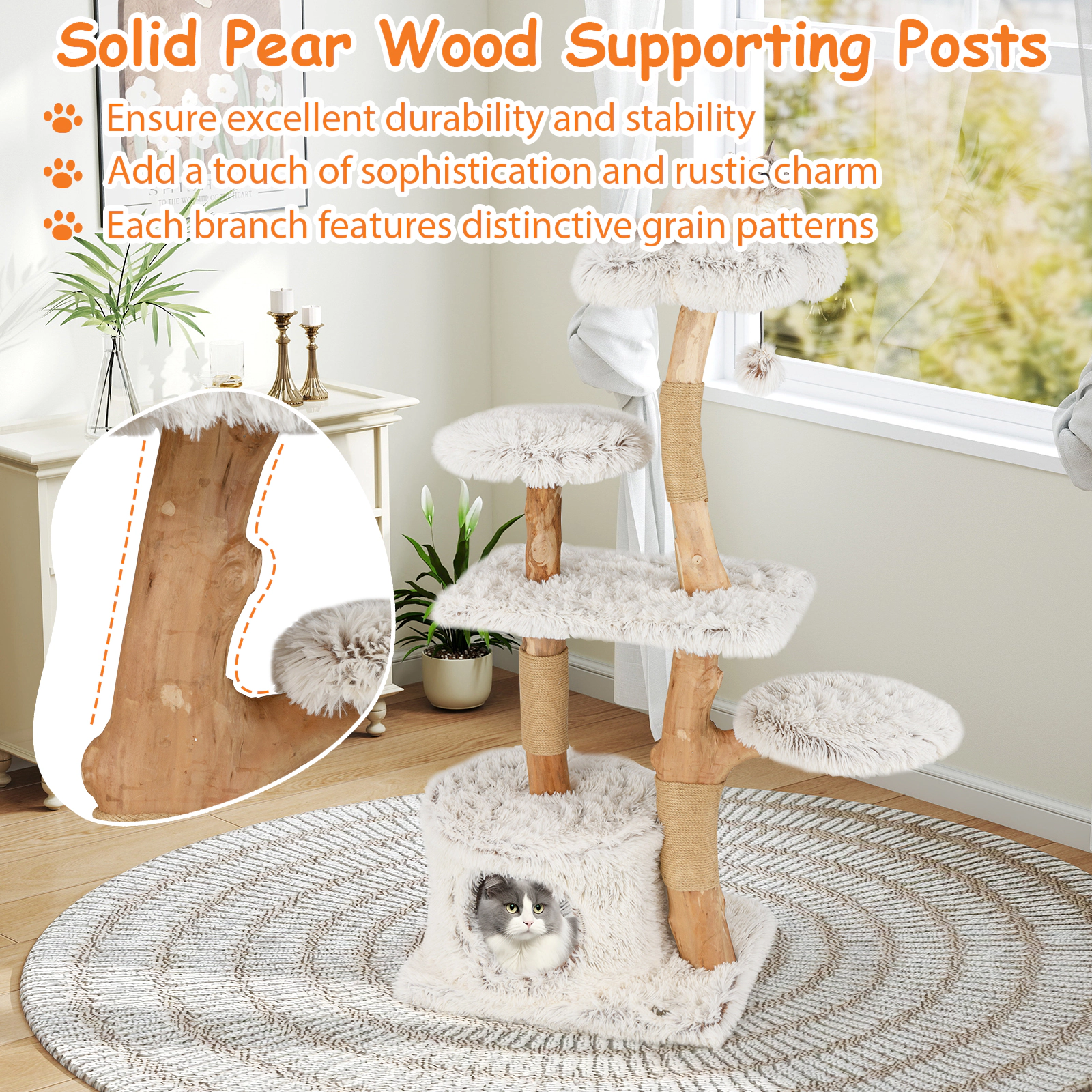 Glintex 53-Inch Pear Wood Branch Cat Tower with Flower Perch and Jute Posts, White