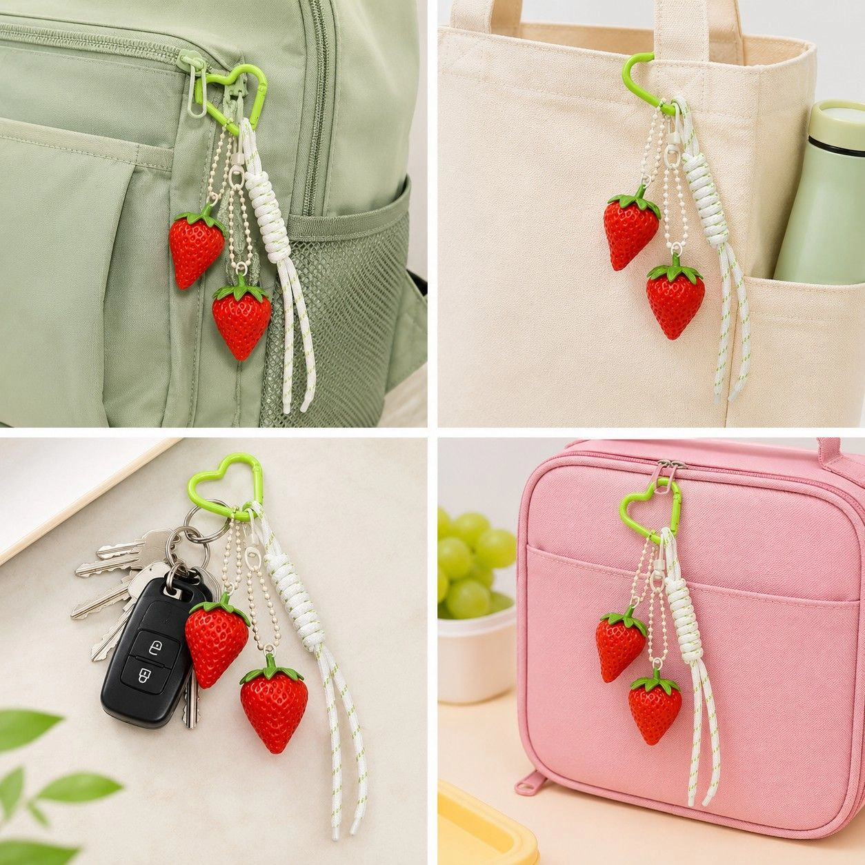 Alilang Women's 3D Strawberry Bag Charm Keychain with Heart Clasp and Braided Cord Tails, Lime Green