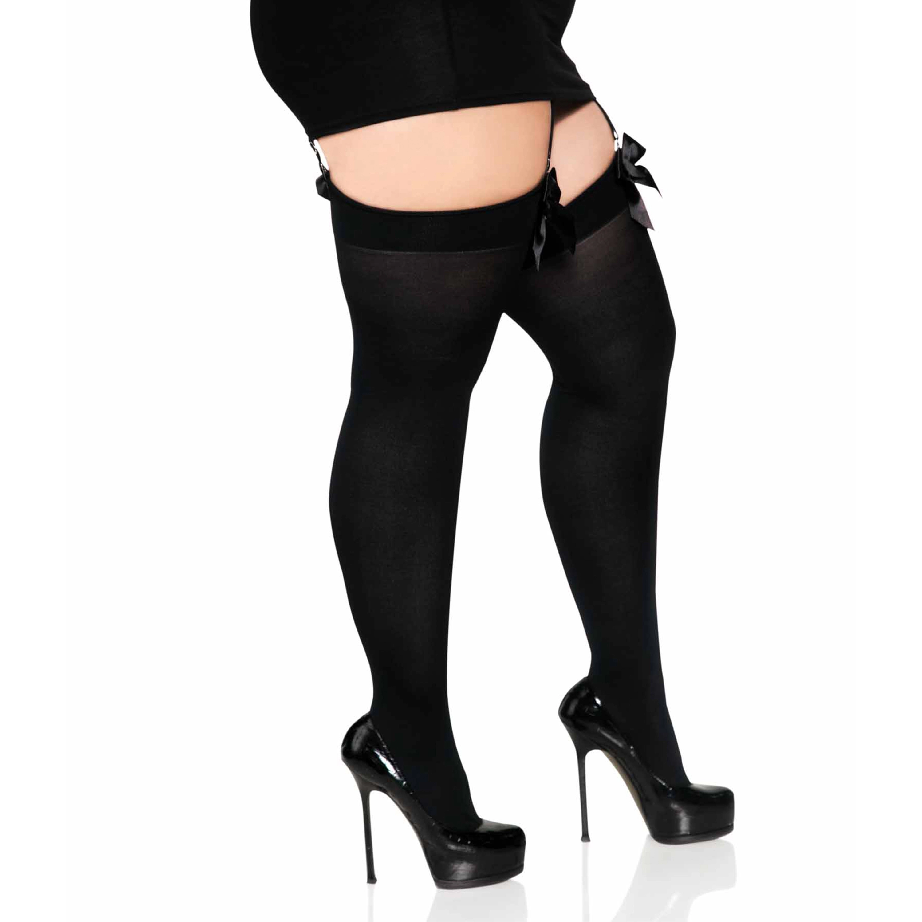 Leg Avenue Women's Plus Size Opaque Thigh-High Stockings with Satin Bow Accents