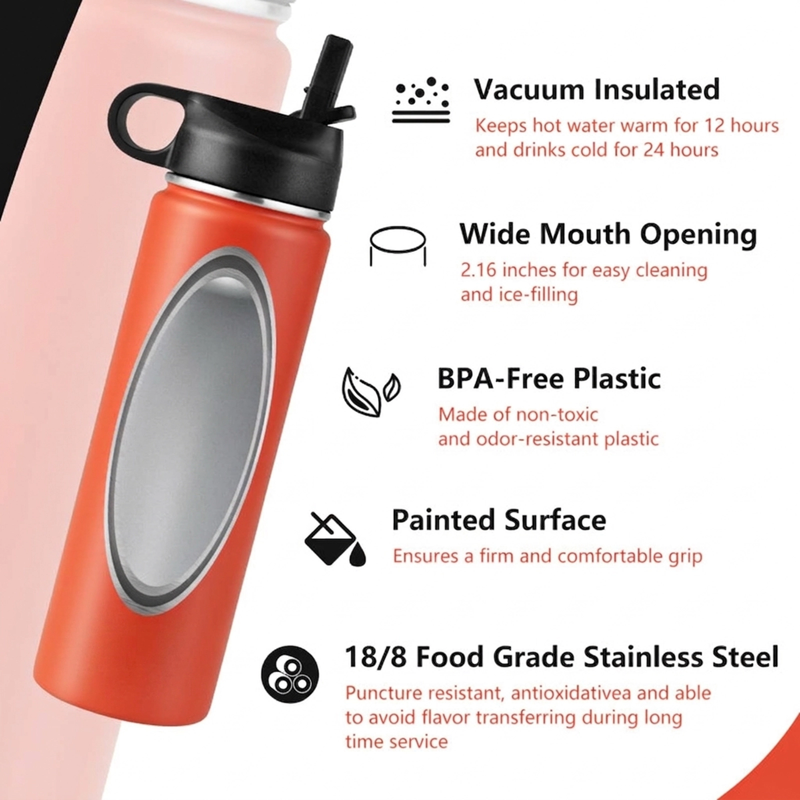 SUGIFT 22-oz Double-Walled Vacuum Insulated Stainless Steel Water Bottle 2 Lids Straw 12-Hour Hot 24-Hour Cold Orange