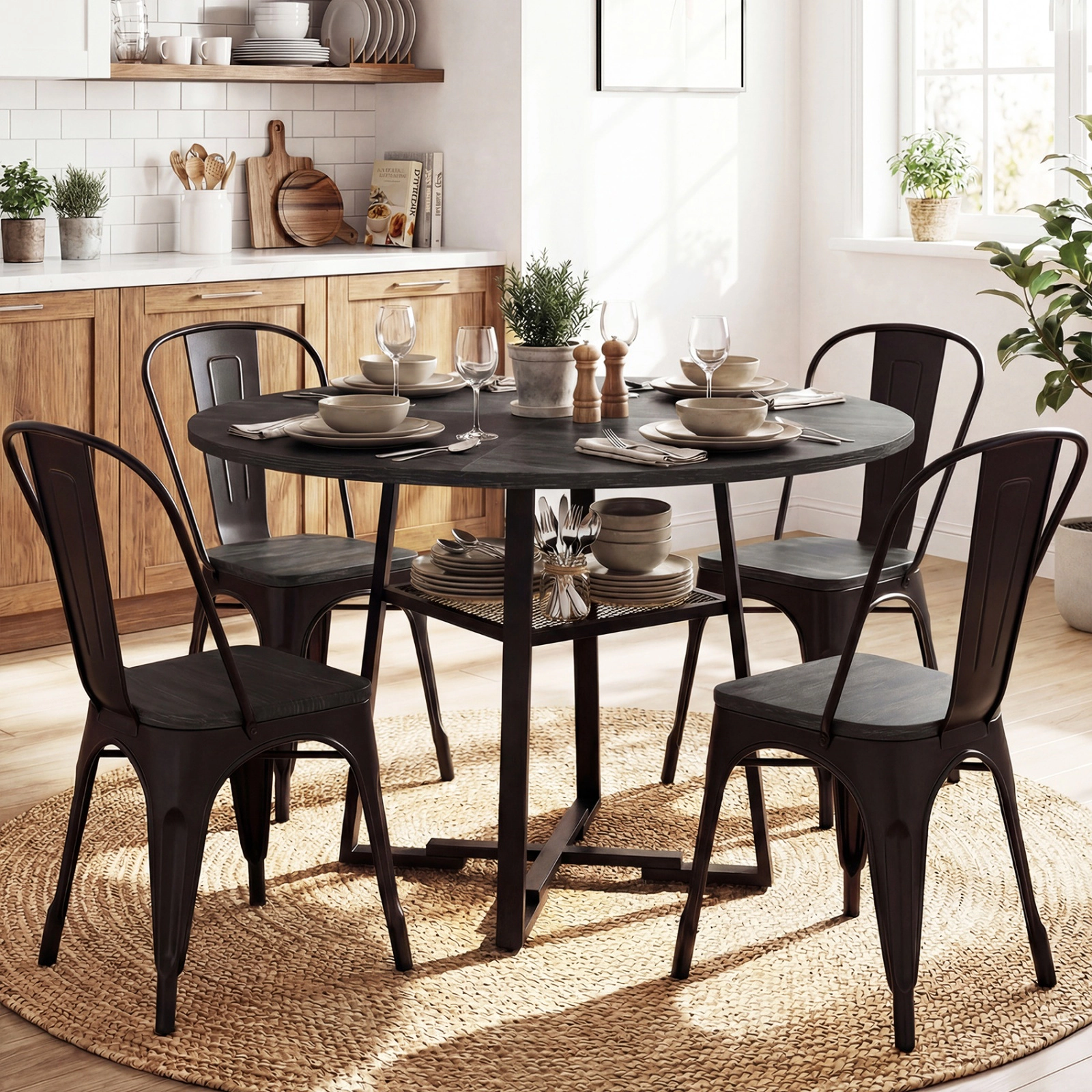 SUGIFT 47.5-Inch Round Dining Table with Mesh Shelf, Black, Seats 4 to 6