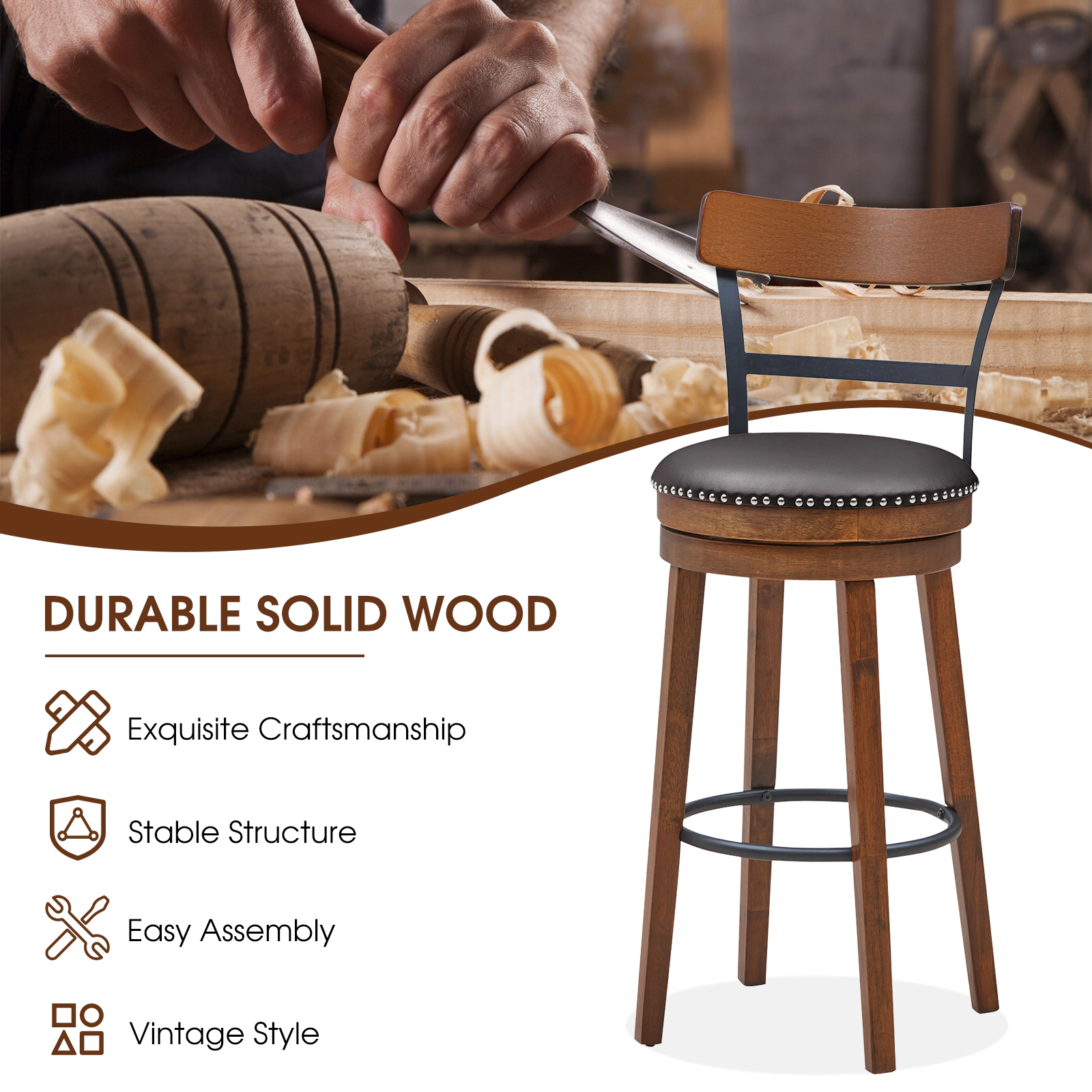 SUGIFT Set of 2 Swivel Pub Height Bar Stools 30.5-in Seat Height 250-lb Capacity Brown PVC Leather and Rubber Wood