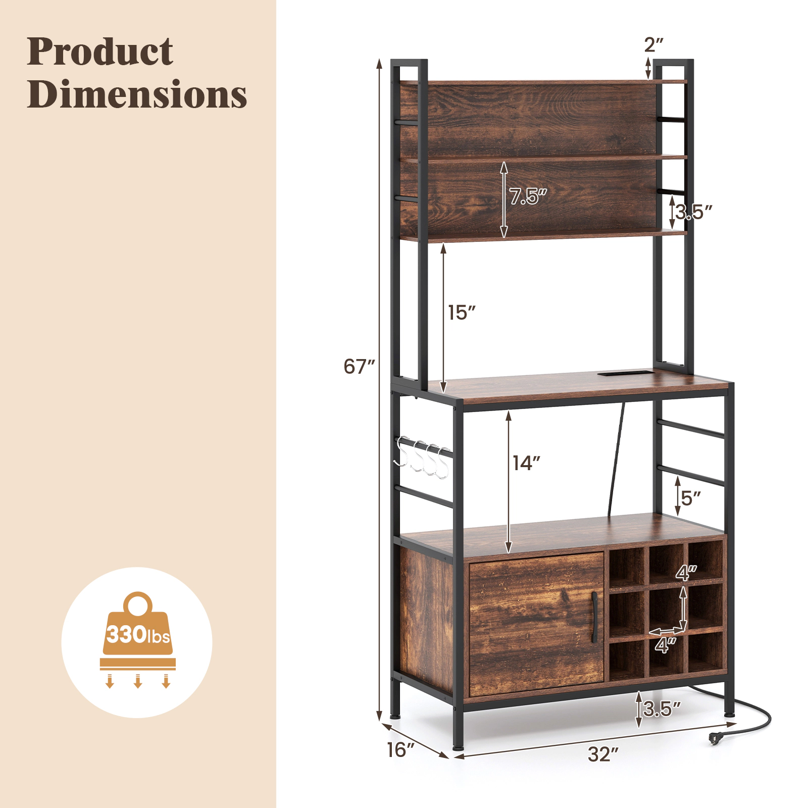 SUGIFT Coffee Bar Cabinet with Power Outlet, S-Shaped Hooks and Wine Bottle Holders 330-lb Capacity Rustic Brown