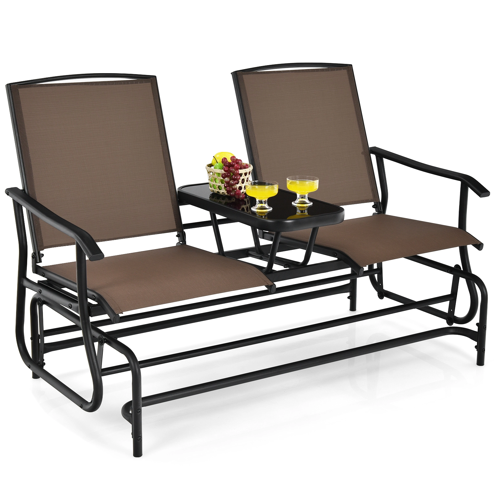 SUGIFT 2-Person Rocking Loveseat Glider Conversation Set Center Tempered Glass Table 530-Lb Capacity 57-in Wide Brown