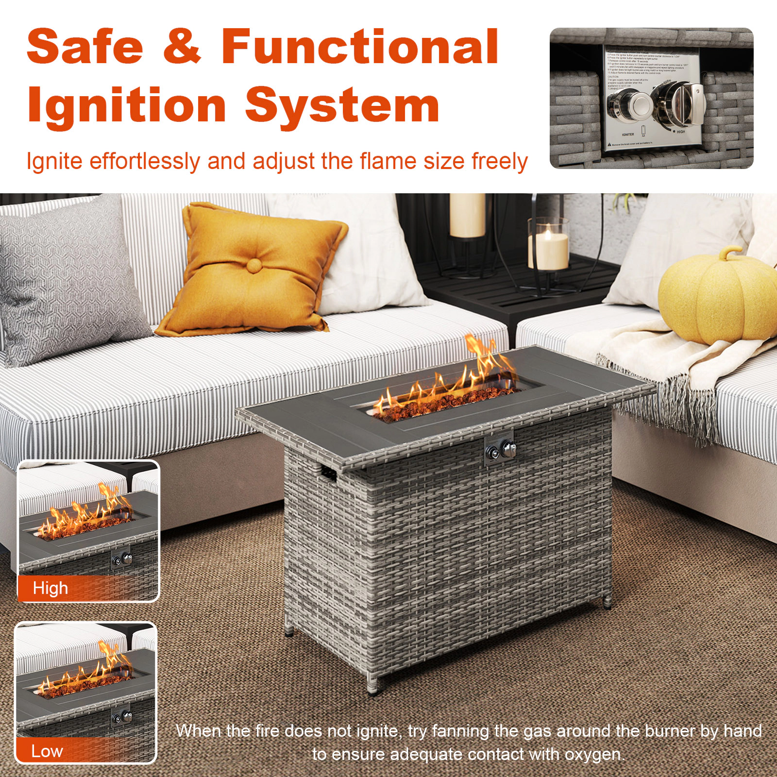 SUGIFT 44.5-In Gray Wicker Propane Fire Pit Table with Coffee Table Lid and Rain Cover
