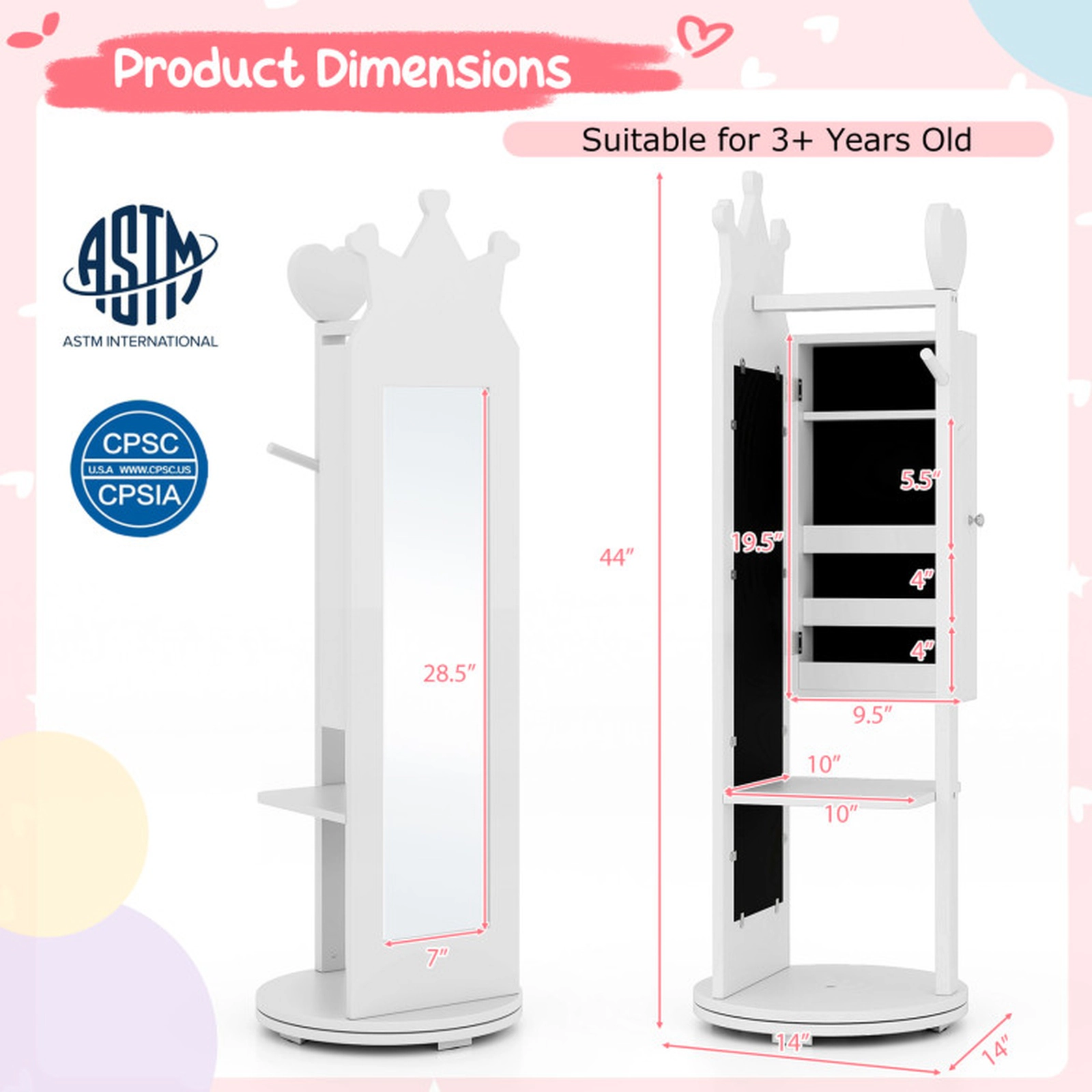 SUGIFT Kids Vanity Table and Stool Set with Full-Length Mirror Jewelry Cabinet and Storage Drawer
