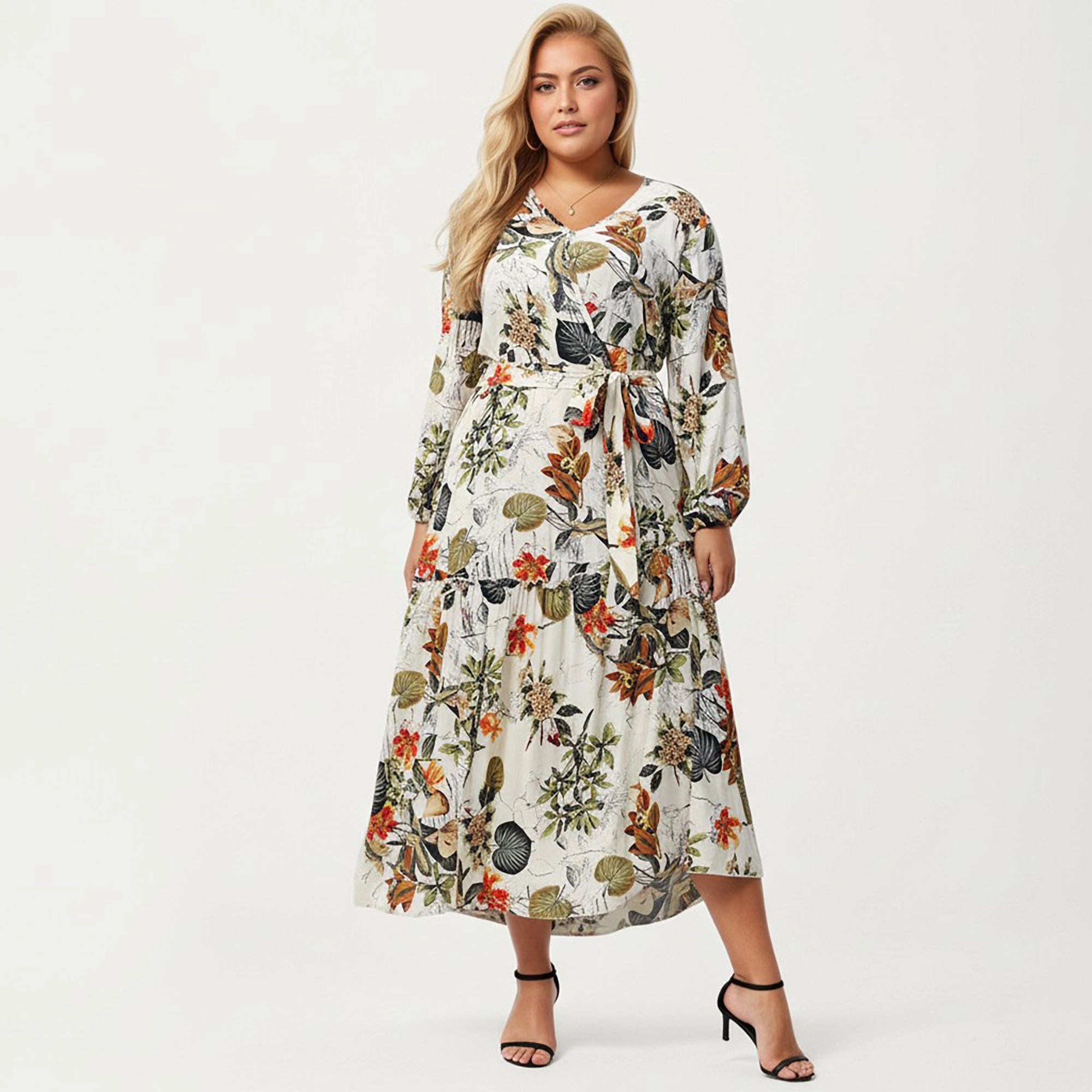 Anna-Kaci Women's Plus Floral Print Long Sleeve V Neck Waist Tie Tiered Skirt Midi Dress