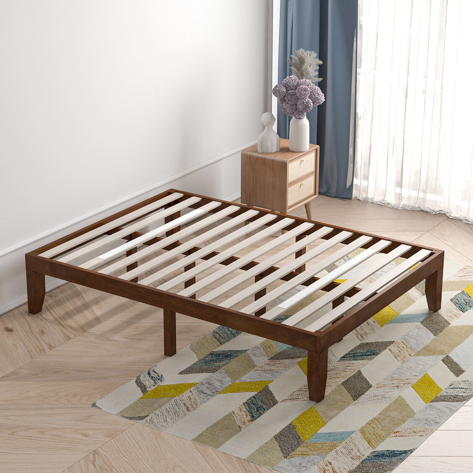 14-in Full Size Solid Wood Platform Bed Frame with 14 Poplar Slats 10 Support Legs Coffee