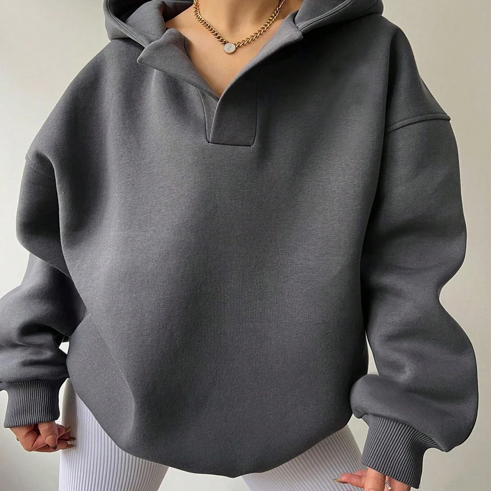 YesFashion Womens Oversized Hoodies Casual V Neck Long Sleeve Pullover Sweatshirts Preppy Clothes