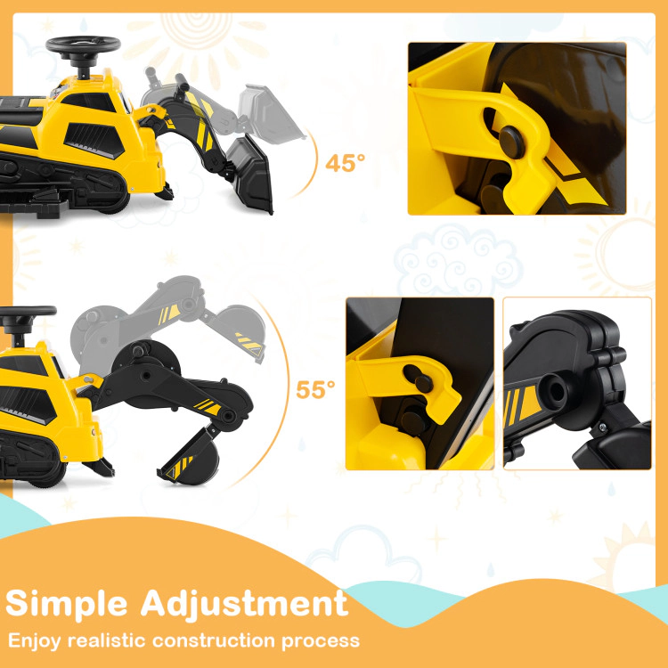 Hivvago 6V Ride on Tractor 3-in-1 Electric Excavator with Adjustable Arms and Music-Yellow