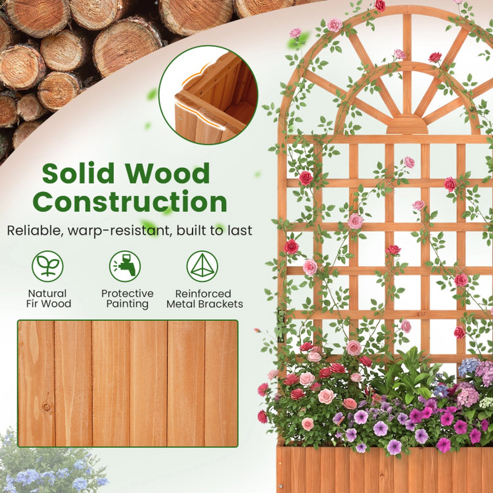 SUGIFT Brown Wood Raised Garden Bed with 71-in Lattice Trellis Privacy Screen 36-in W 12-in D 88-lb Box Capacity
